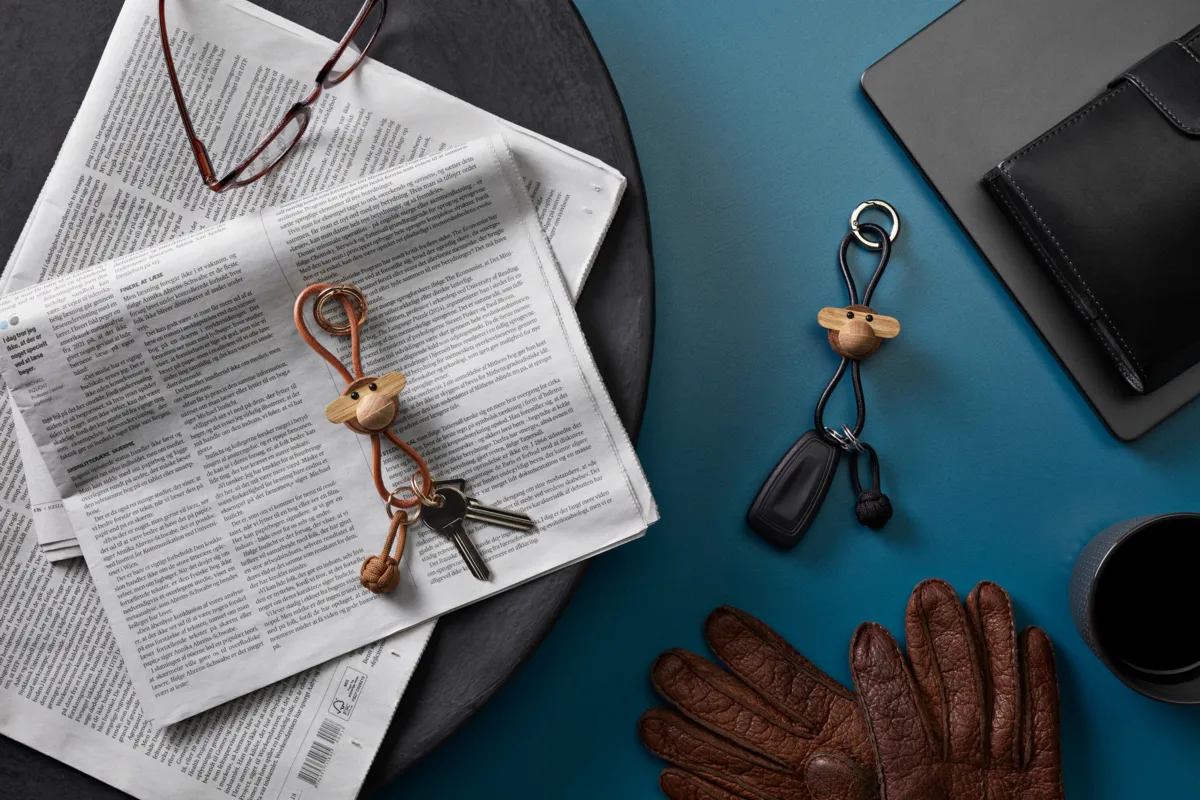 Portachiavi scimmia Kaj Bojesen, Teak-limbaträ, pelle naturale Kay Bojesen Denmark