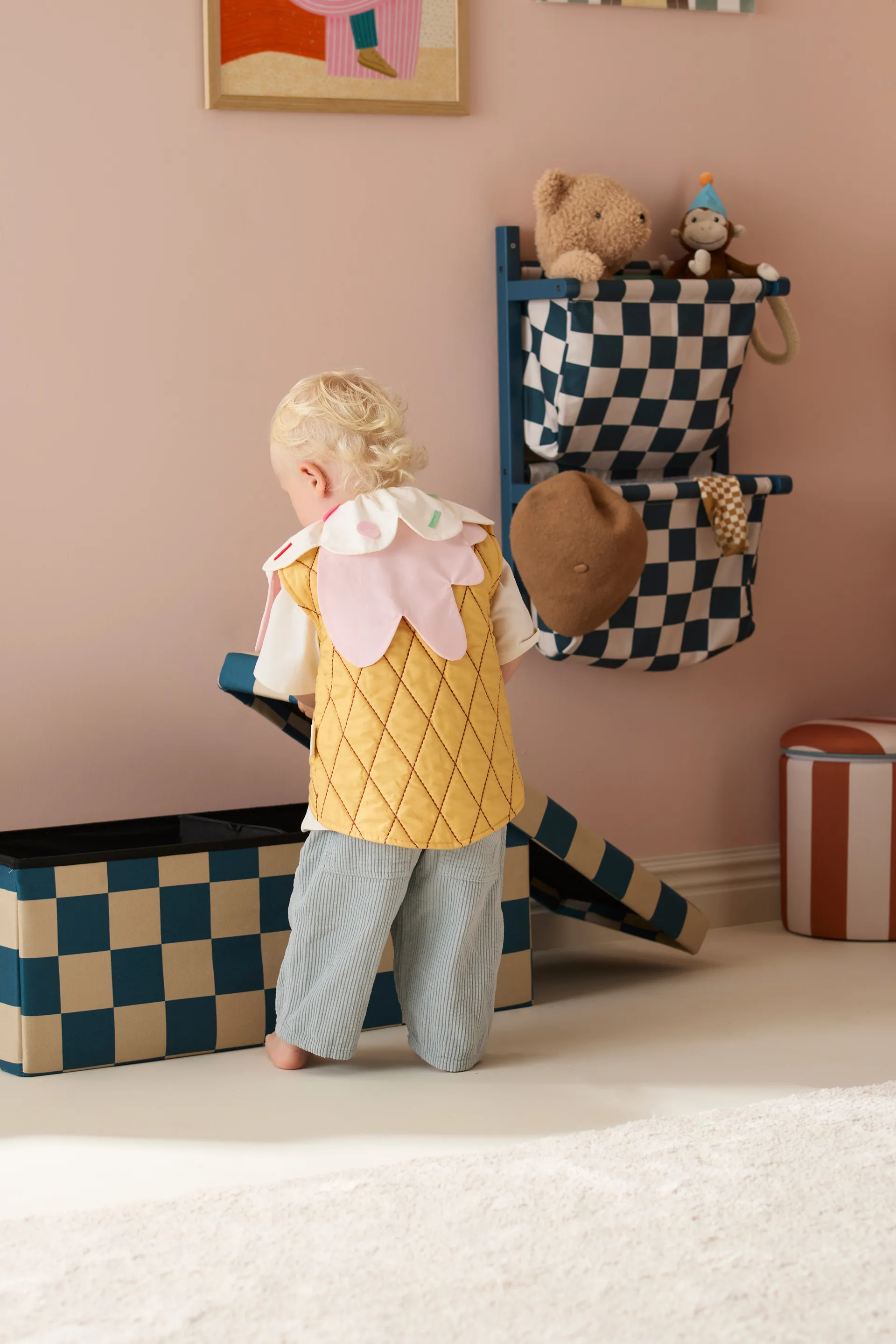 Pouf contenitore a quadri, Blu-verde, 80x30x30 cm Kid's Concept