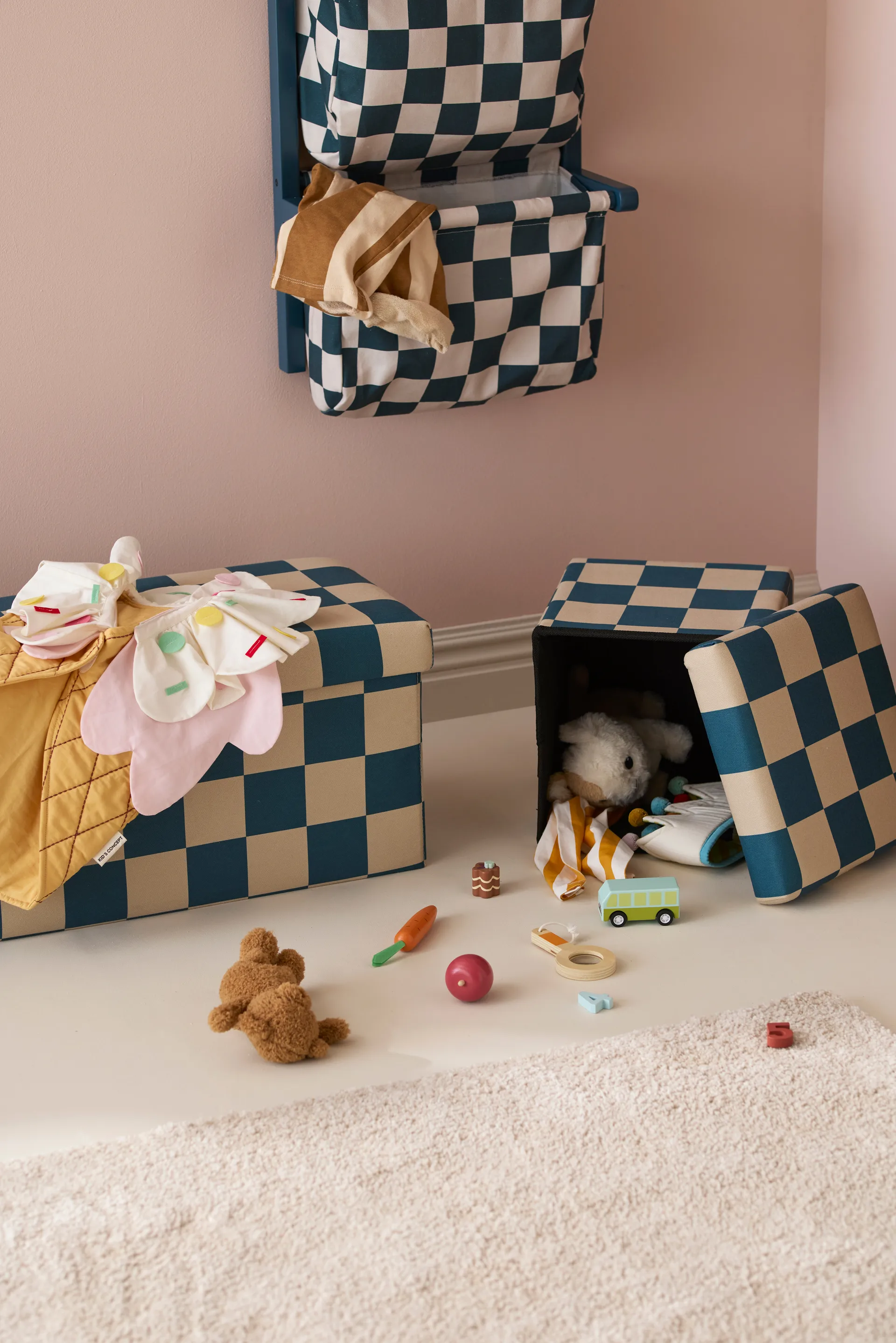 Pouf contenitore a quadri, Blu-verde, 80x30x30 cm Kid's Concept