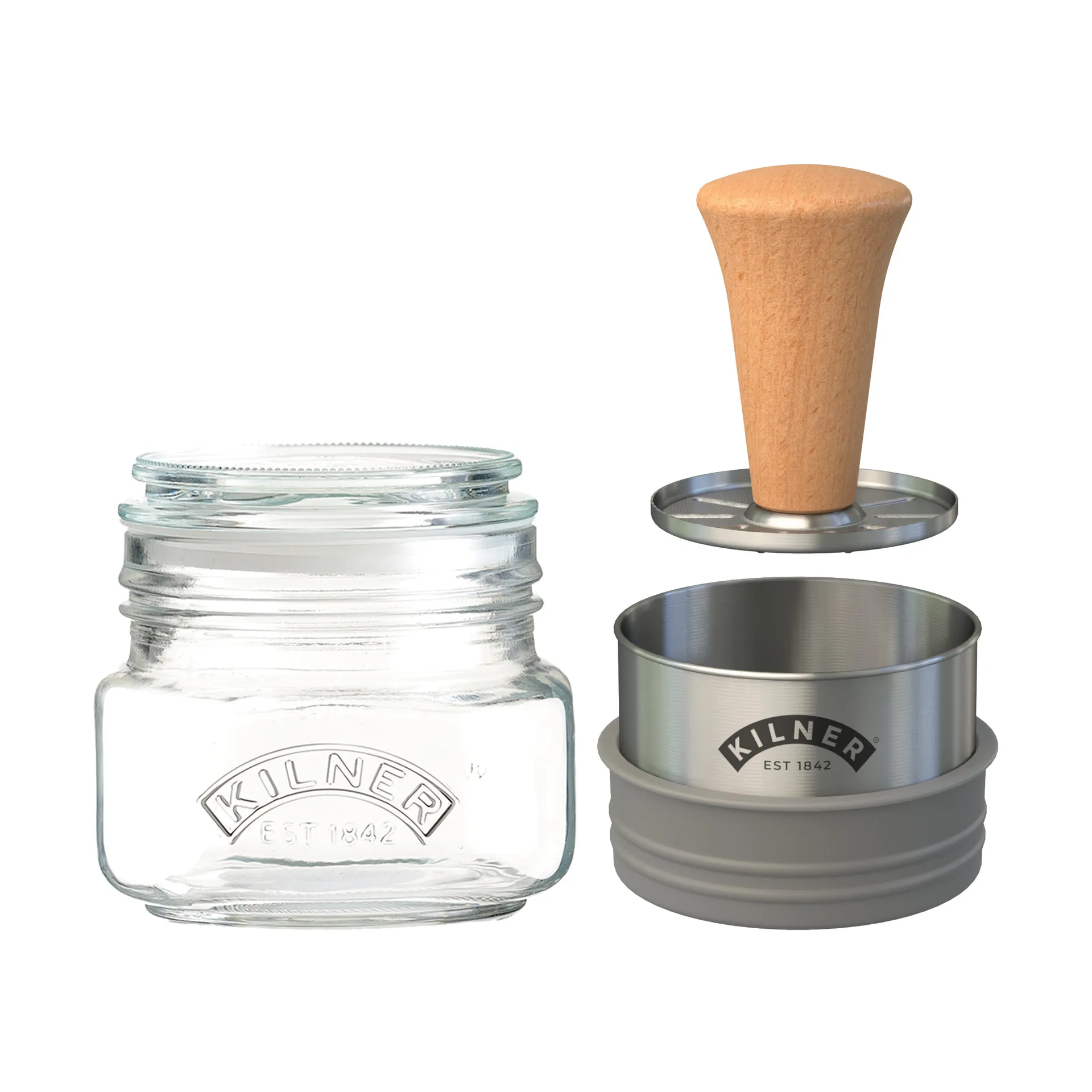 Set di barattoli per conservazione Kilner Mash & Store, Chiaro-acciaio inox-legno, 0,5 L Kilner