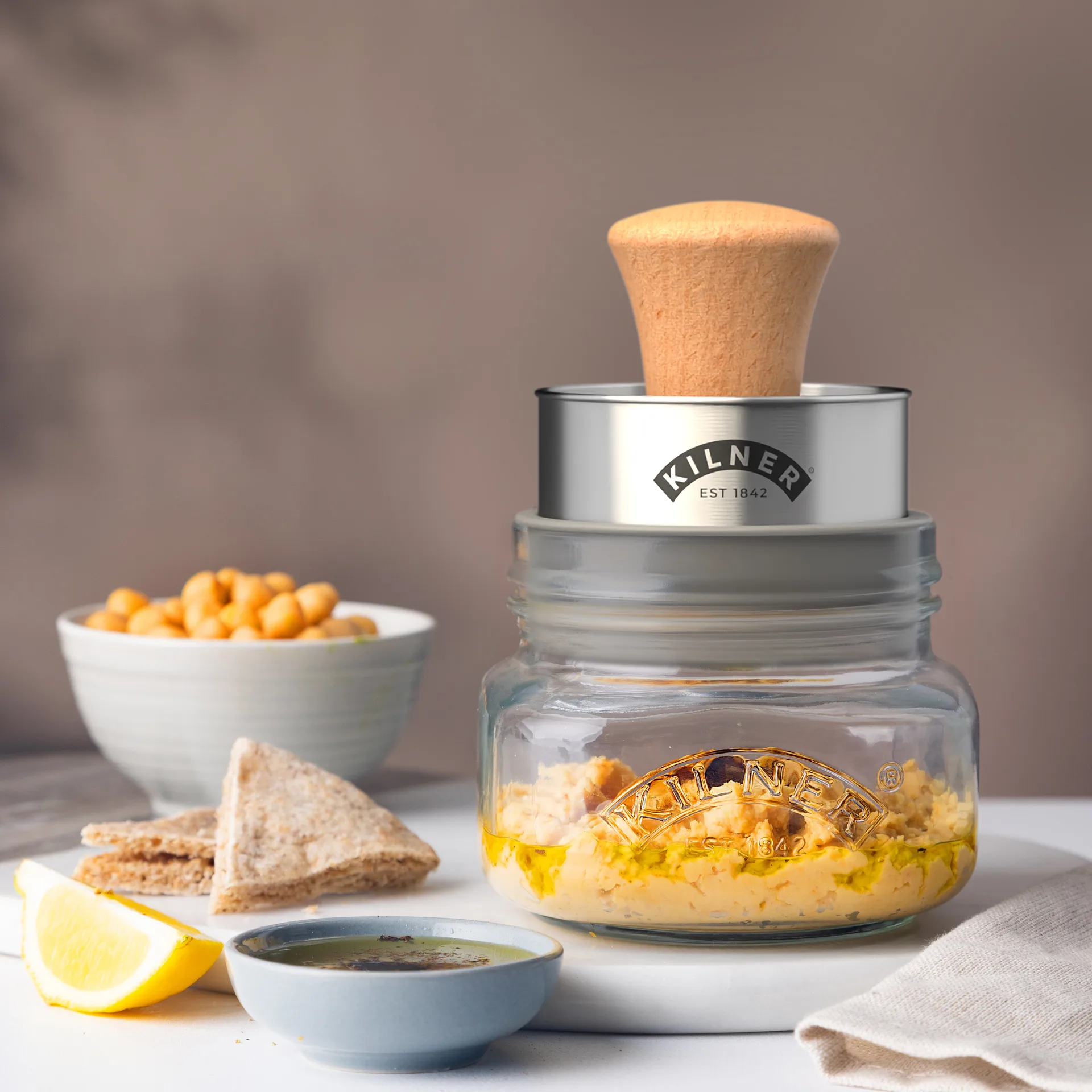 Set di barattoli per conservazione Kilner Mash & Store, Chiaro-acciaio inox-legno, 0,5 L Kilner