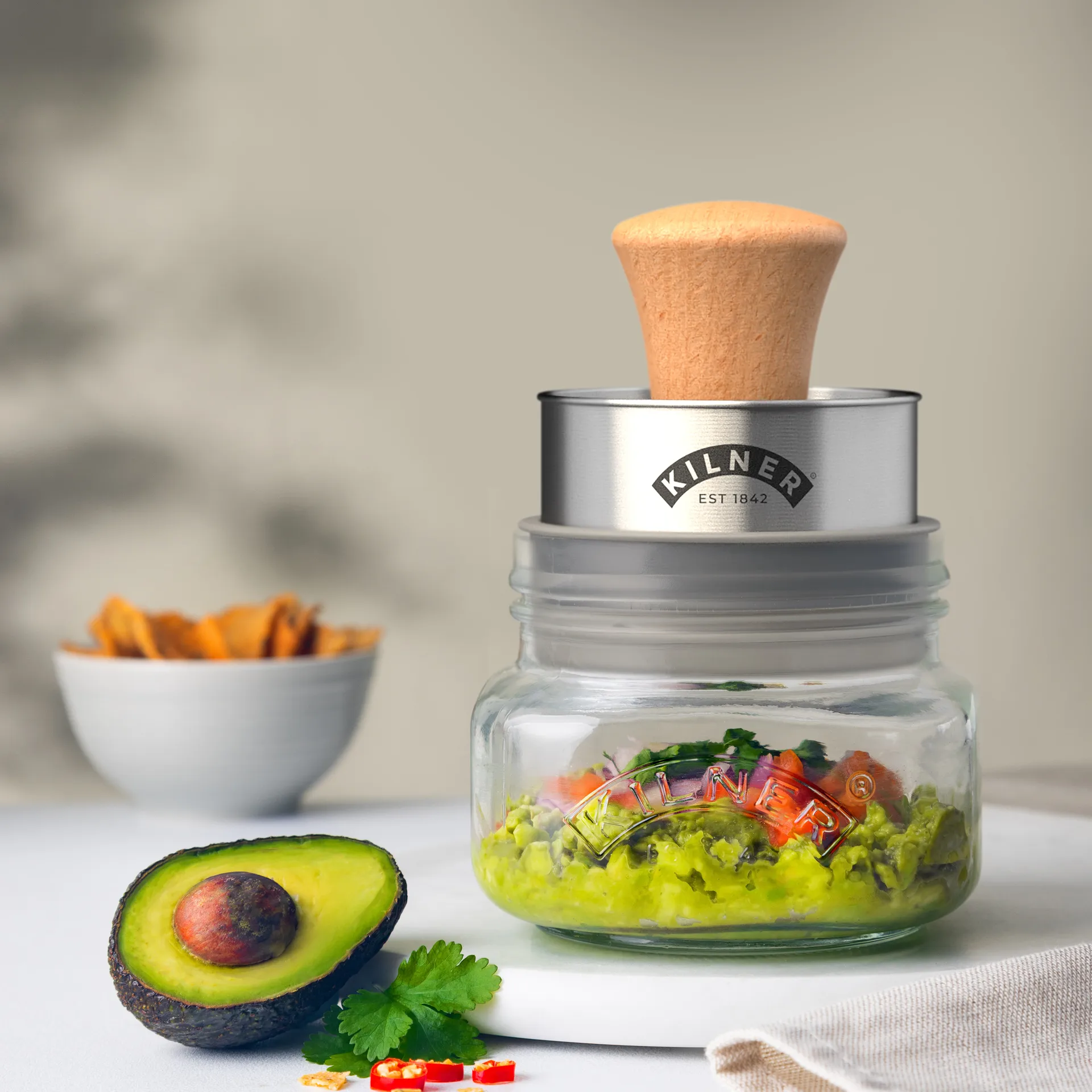 Set di barattoli per conservazione Kilner Mash & Store, Chiaro-acciaio inox-legno, 0,5 L Kilner