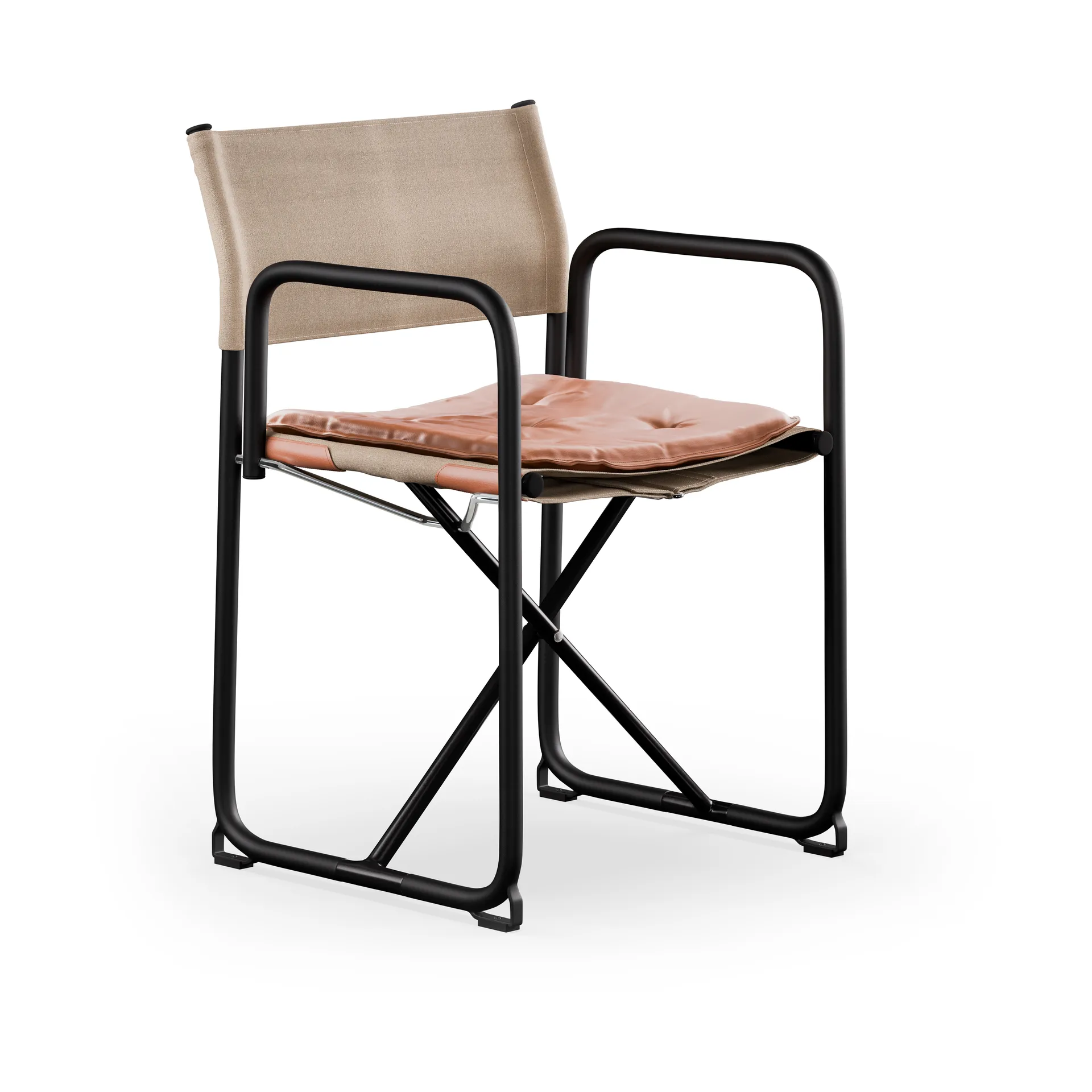 X75-2 poltrona con braccioli, Tessuto di lino naturale-Elmo Nordic leather Cognac-gambe nere Lammhults