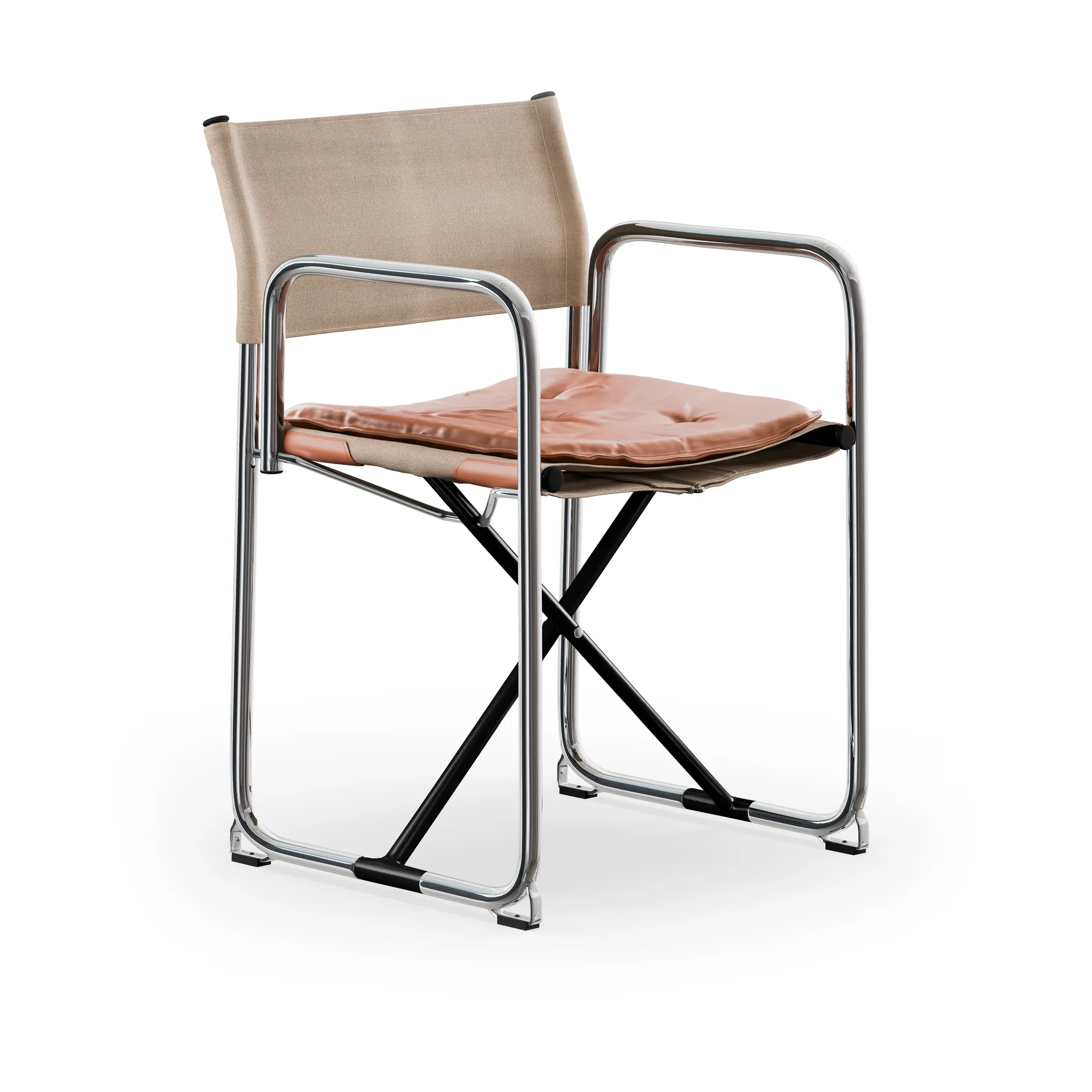 X75-2 poltrona con braccioli, Tessuto di lino naturale-Elmo Nordic pelle Cognac-gambe cromate Lammhults