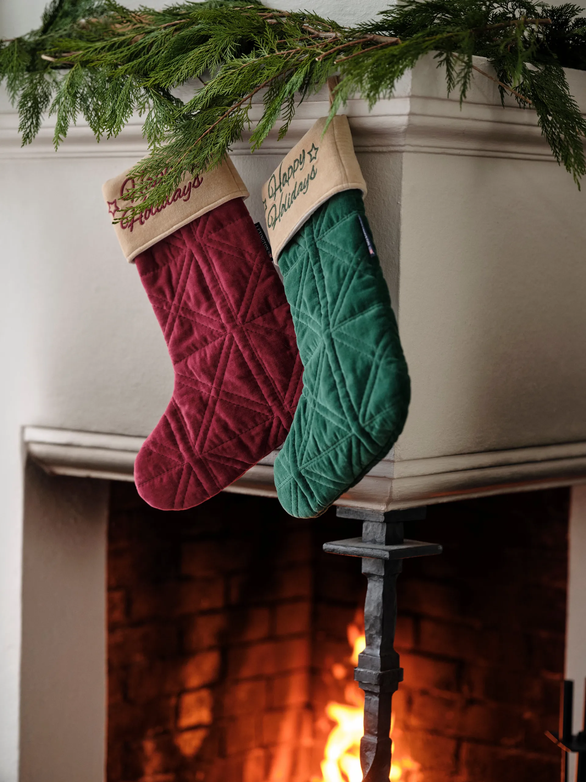 Calza di Natale in velluto Happy Holidays, Rosso Lexington