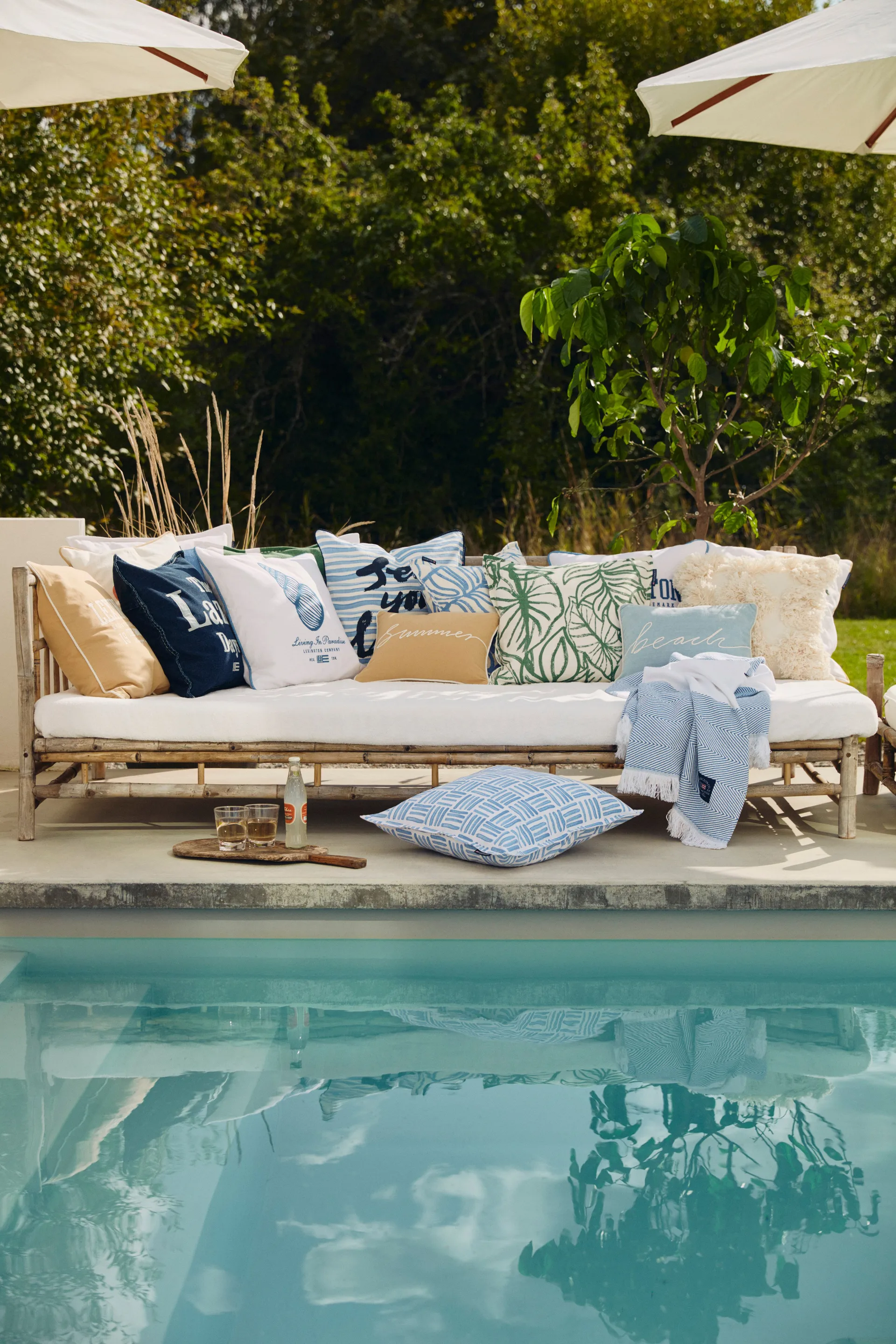 Federa in tela di cotone Graphic Printed 50x50 cm, Blu-bianco Lexington