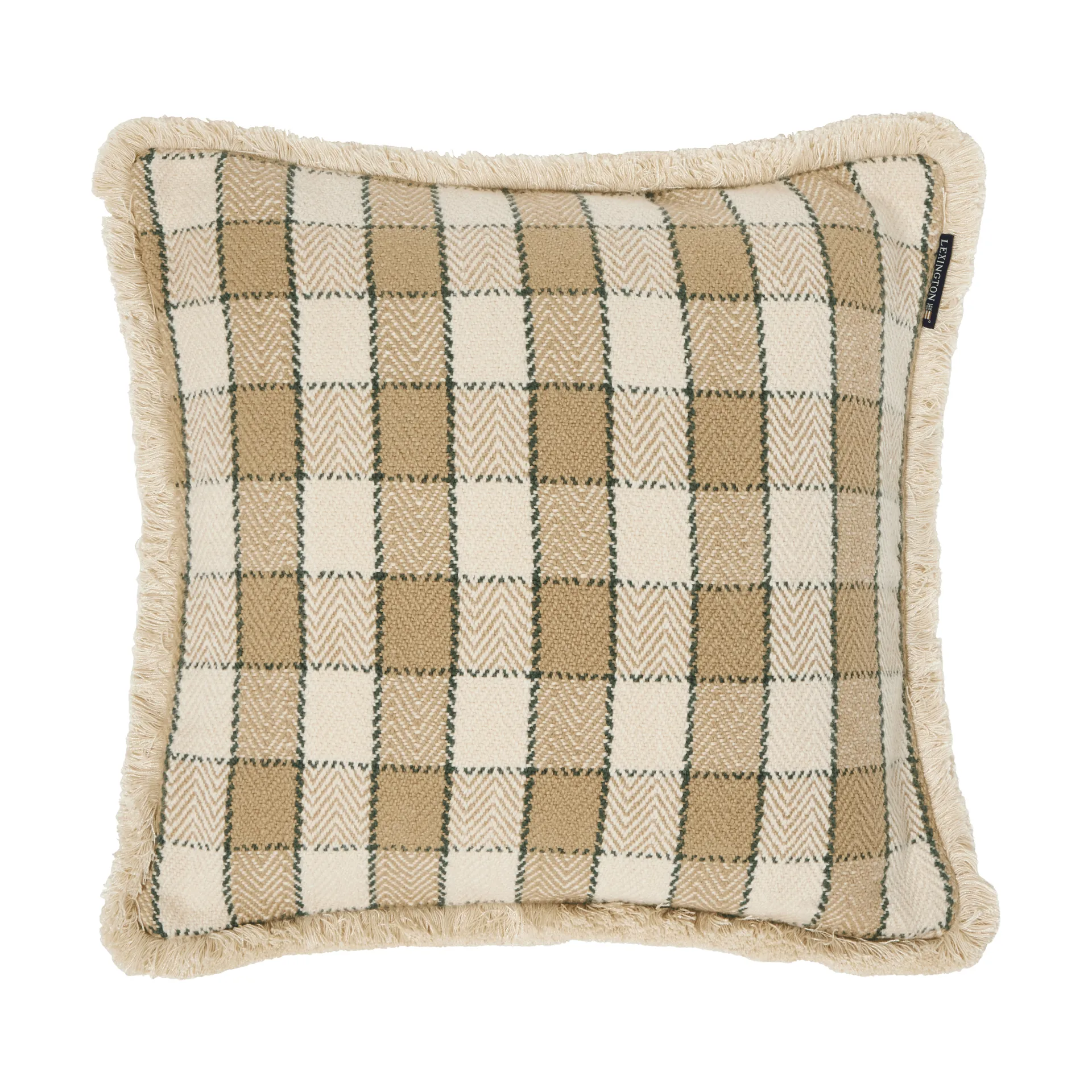 Fodera per cuscino in cotone biologico a quadri con frange, Beige-light beige-verde Lexington