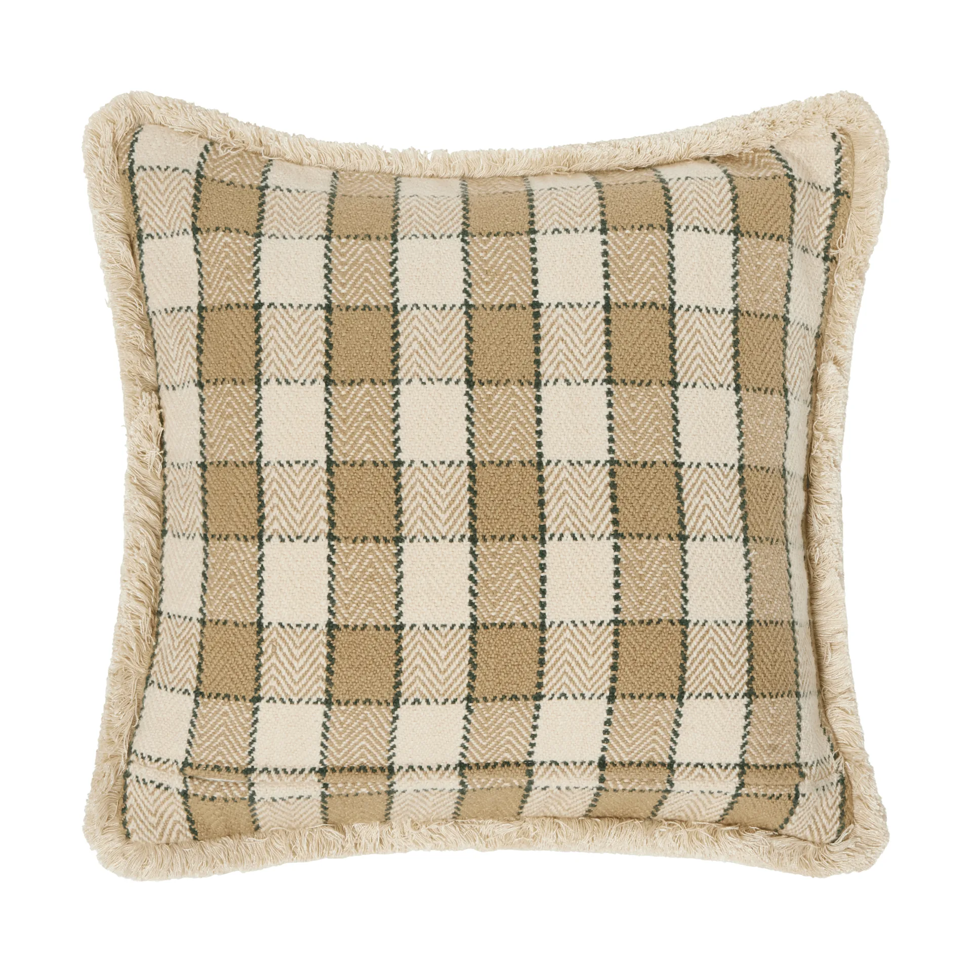 Fodera per cuscino in cotone biologico a quadri con frange, Beige-light beige-verde Lexington