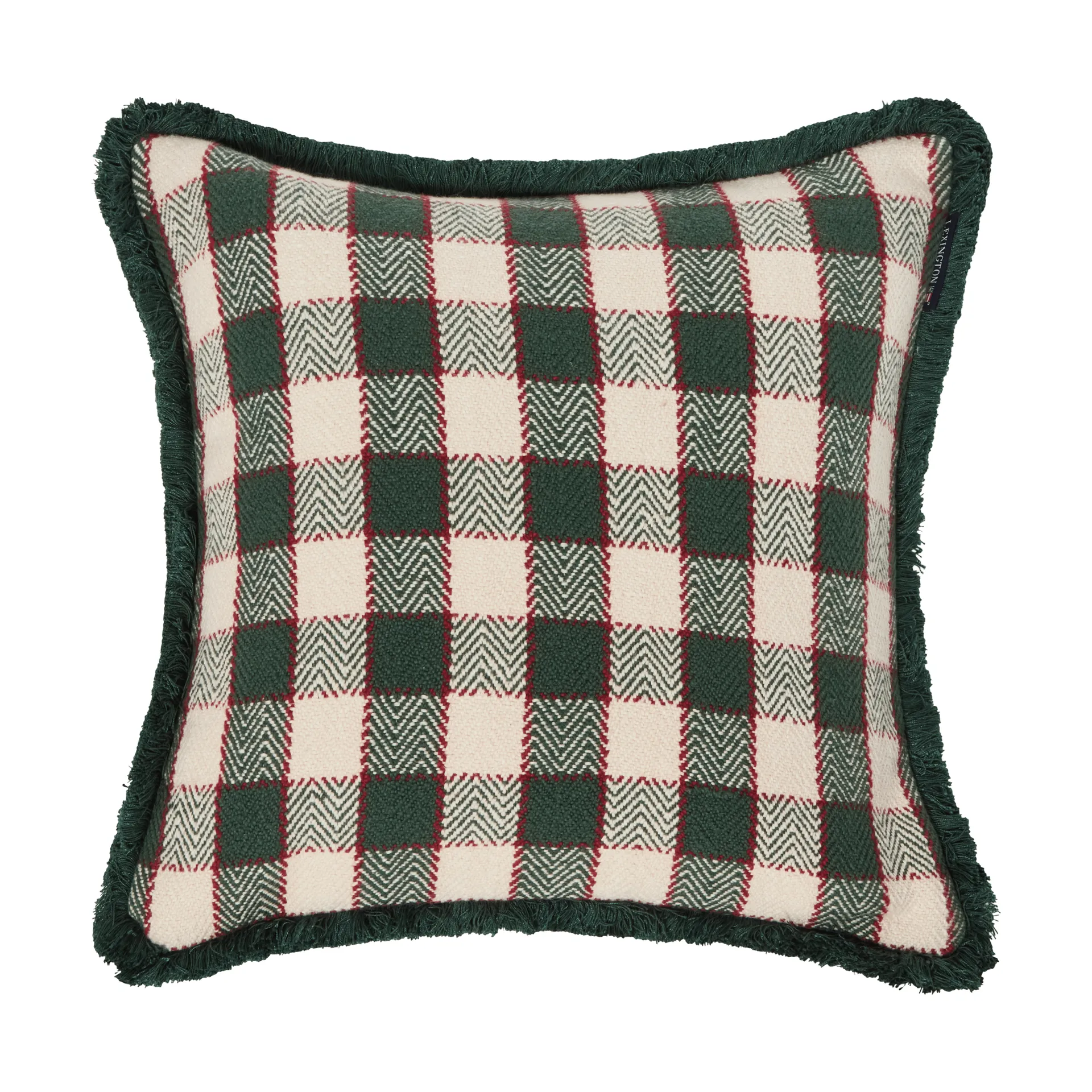 Fodera per cuscino in cotone biologico a quadri con frange, Green-light beige-rosso Lexington