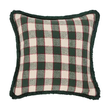 Fodera per cuscino in cotone biologico a quadri con frange - Green-light beige-rosso - Lexington