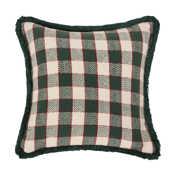 Fodera per cuscino in cotone biologico a quadri con frange - Green-light beige-rosso - Lexington