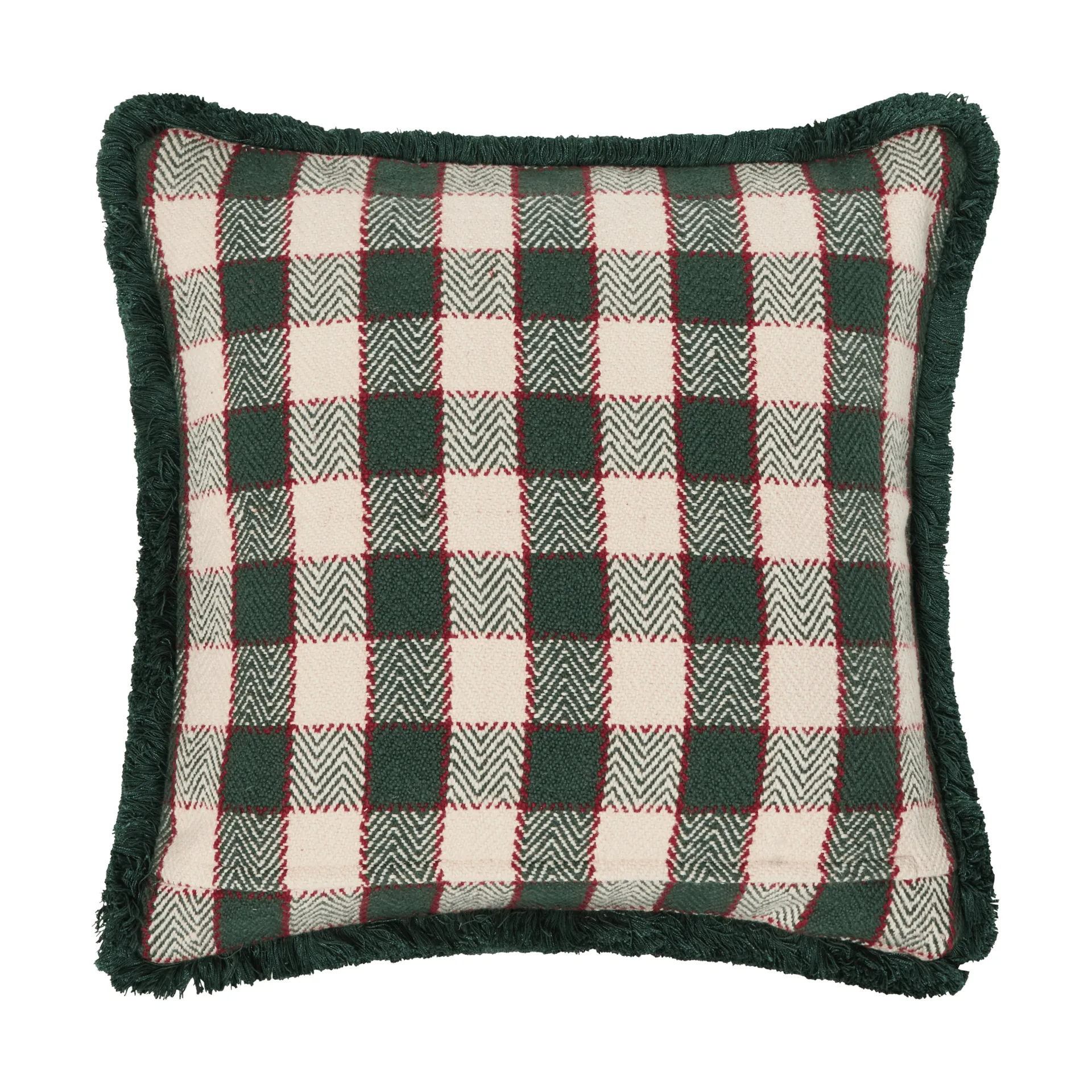 Fodera per cuscino in cotone biologico a quadri con frange, Green-light beige-rosso Lexington