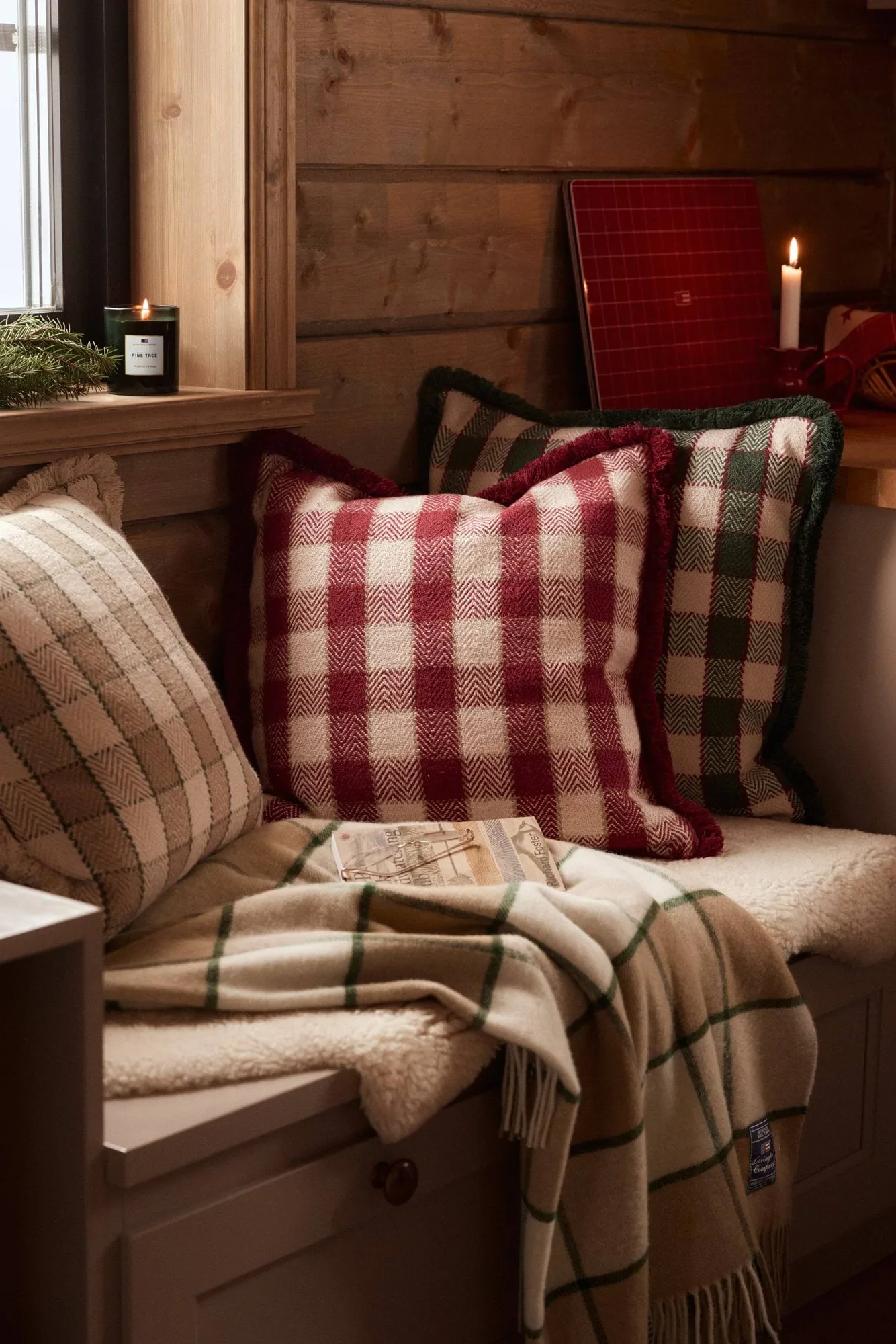 Fodera per cuscino in cotone biologico a quadri con frange, Green-light beige-rosso Lexington