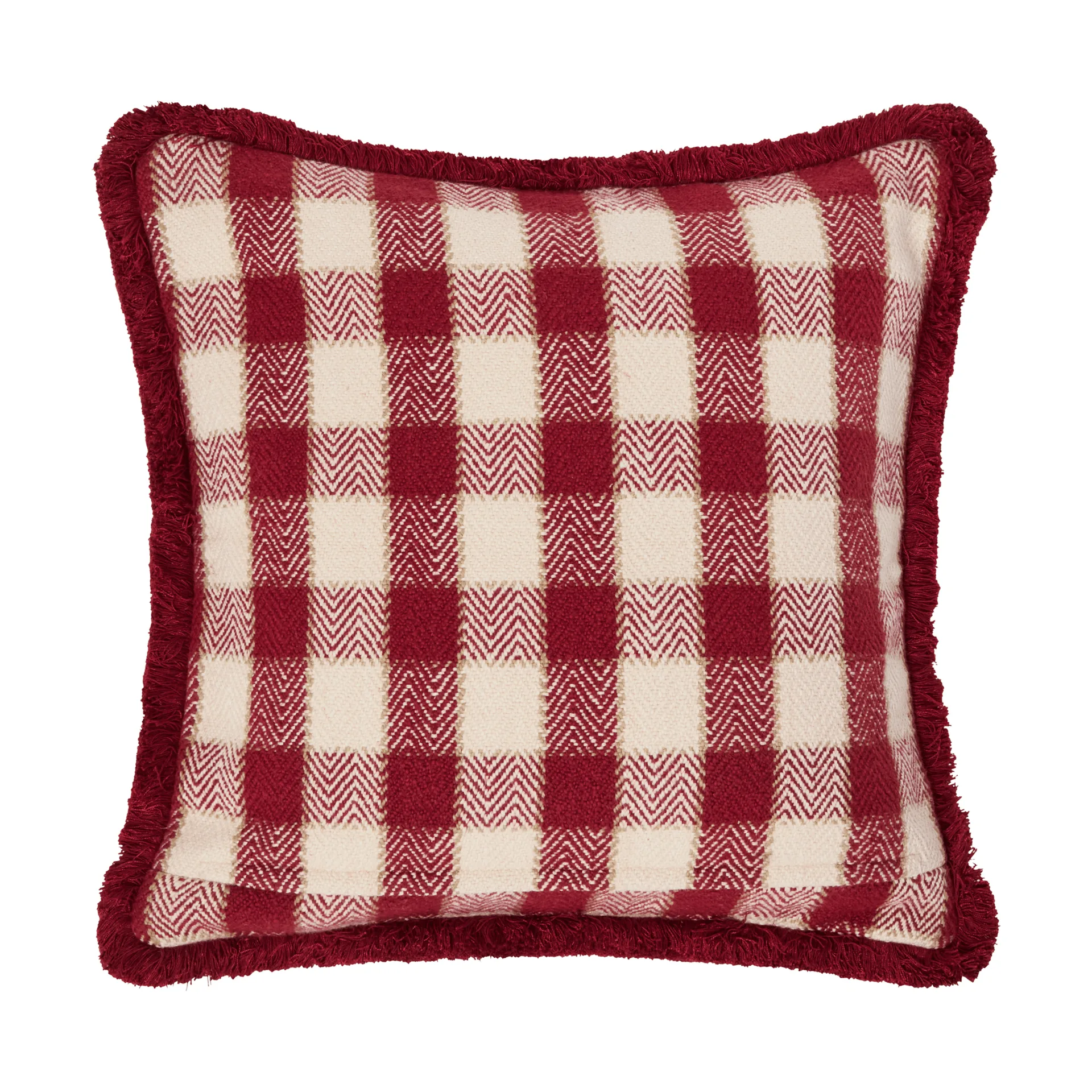 Fodera per cuscino in cotone biologico a quadri con frange, Red-light beige-beige Lexington