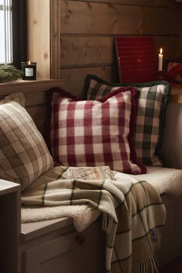 Fodera per cuscino in cotone biologico a quadri con frange - Red-light beige-beige - Lexington