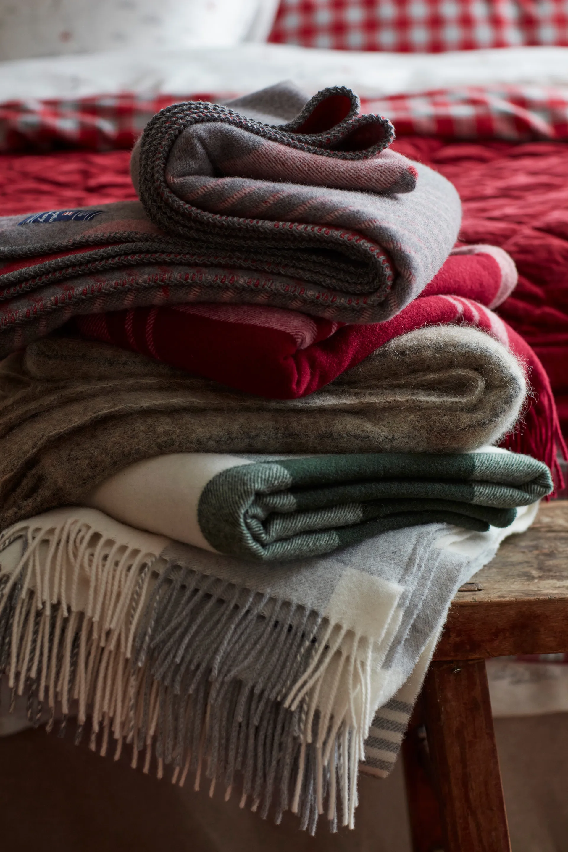 Plaid in lana riciclata Gray Checked, 130x170 cm, Grigio, bianco Lexington