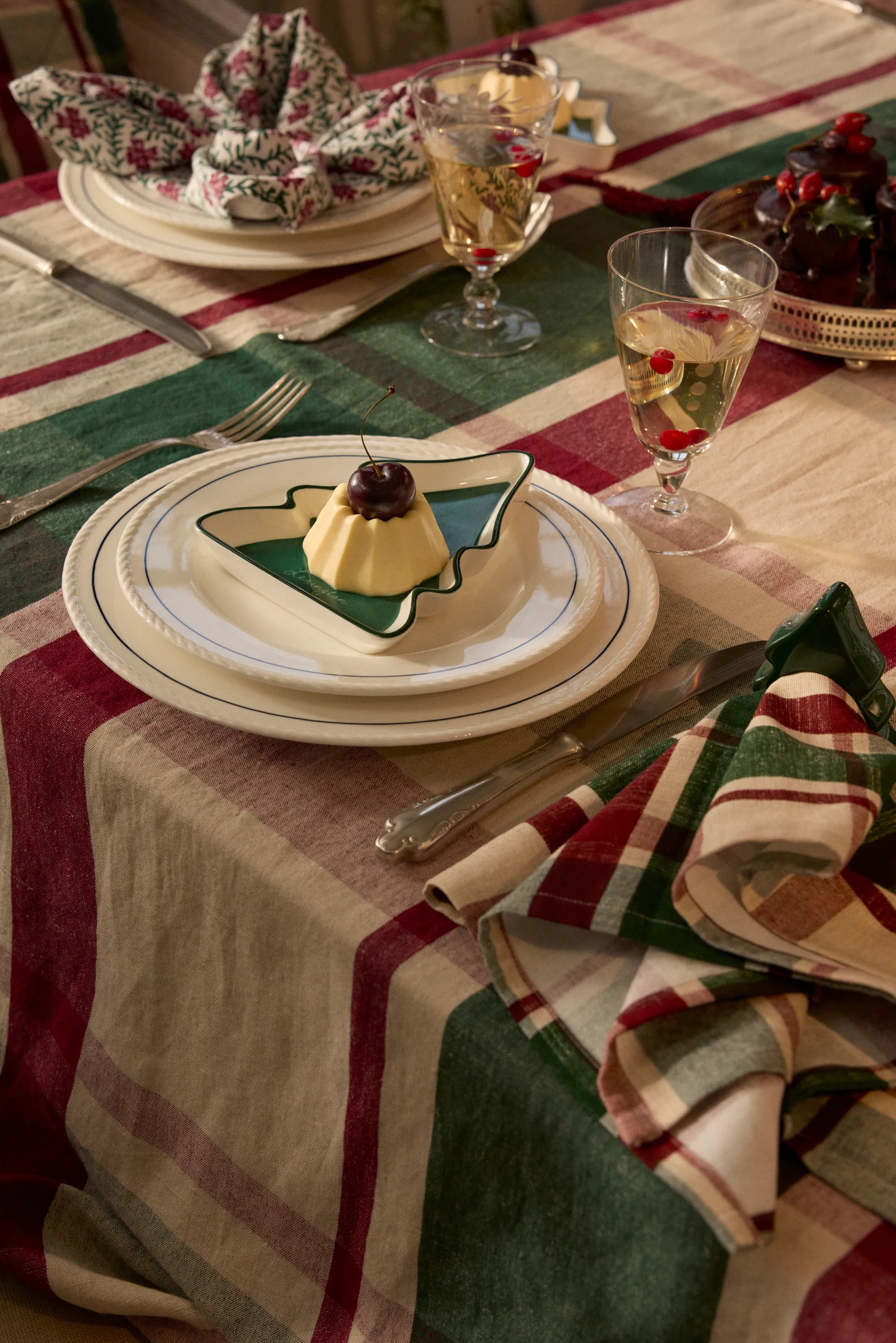 Runner in cotone biologico Checked, Verde-rosso-beige, 50x150 cm Lexington