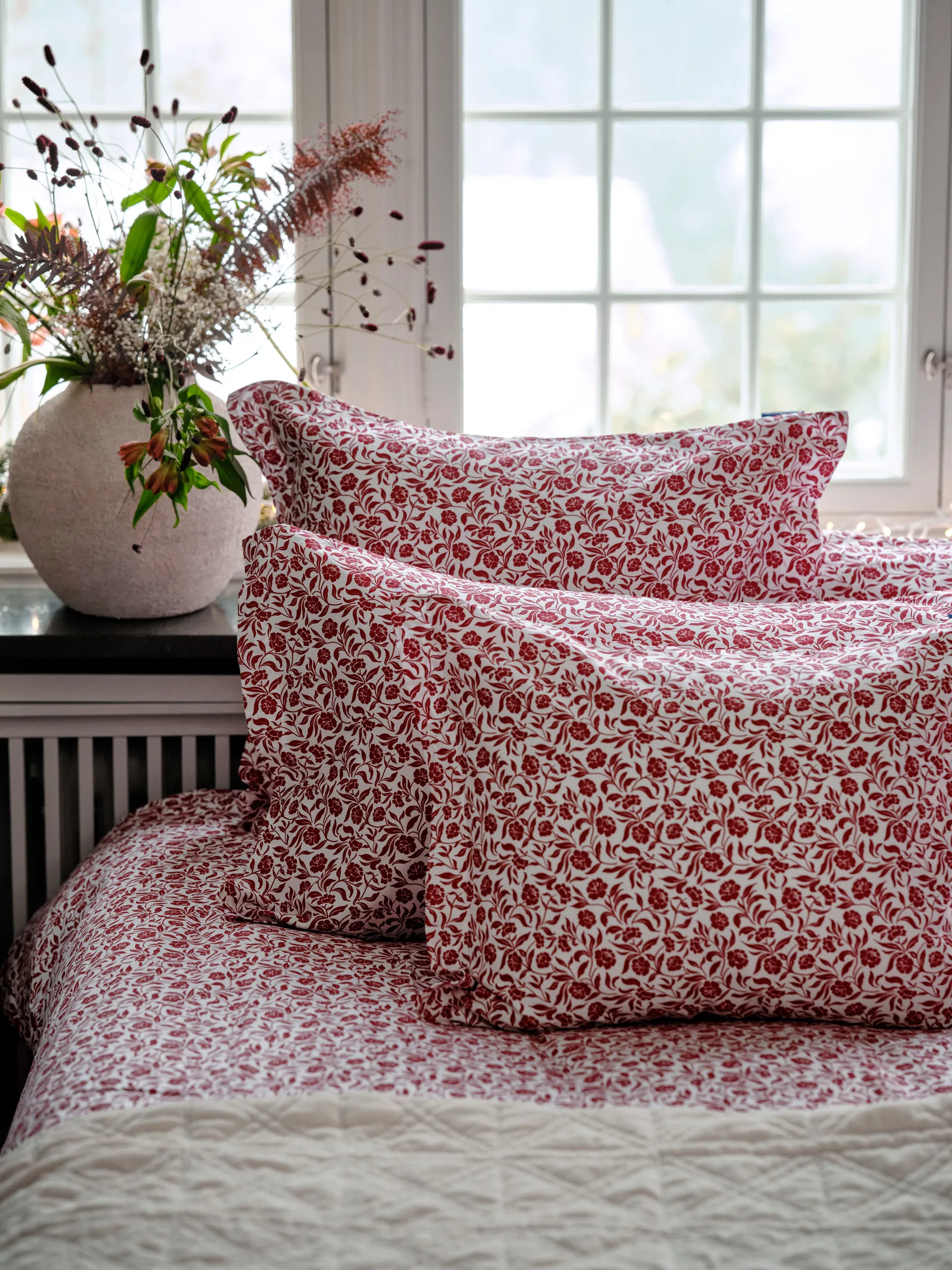 Set di lenzuola in raso di cotone stampato a fiori, Bianco-rosso Lexington