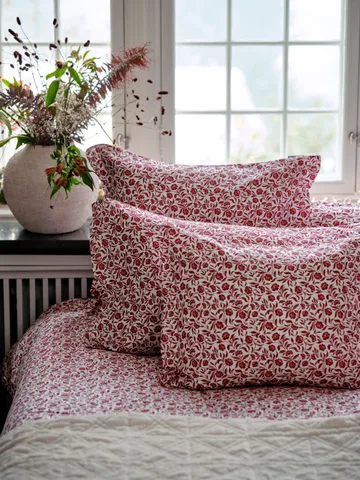 Set di lenzuola in raso di cotone stampato a fiori - Bianco-rosso - Lexington