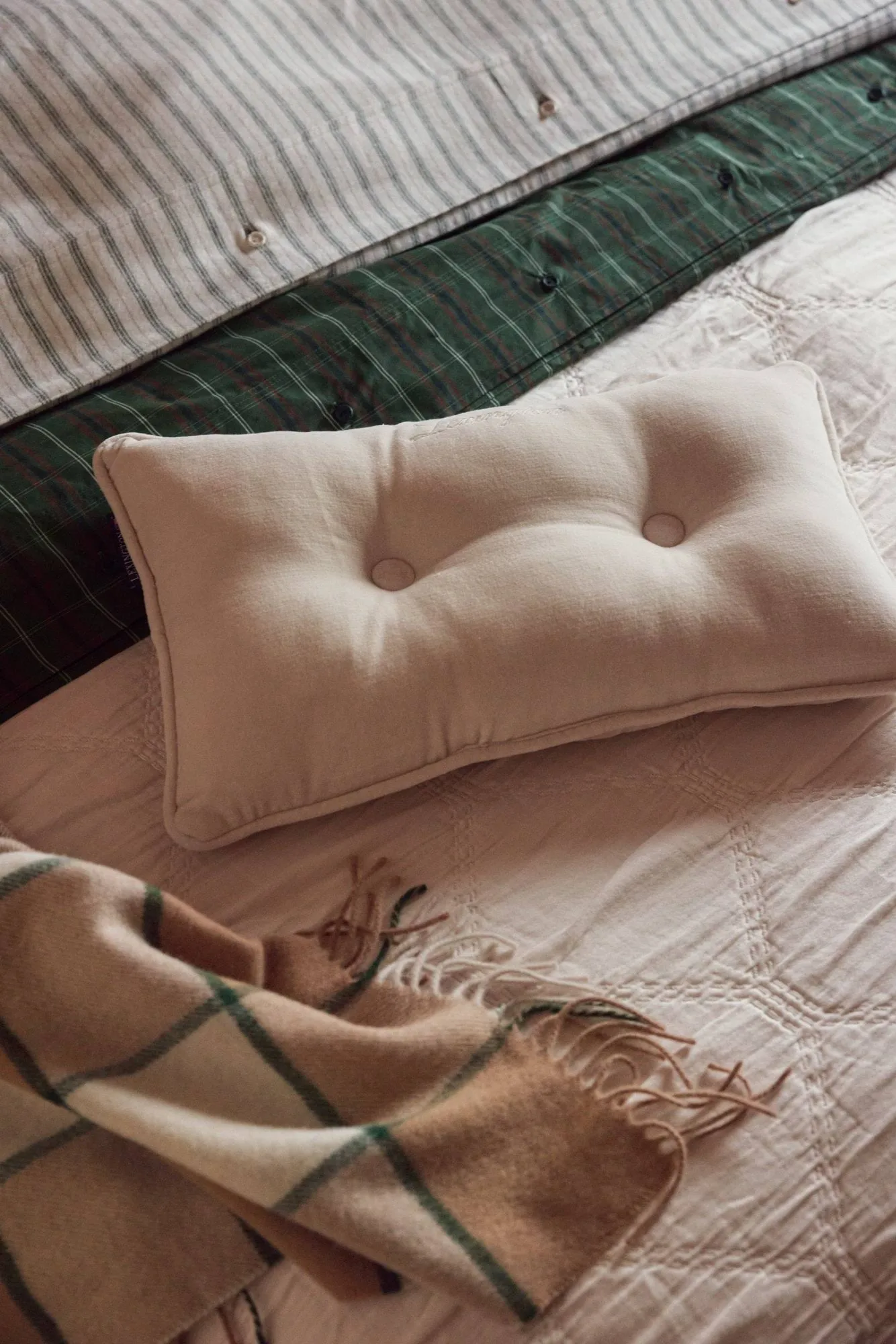 Set letto in flanella di cotone Stripe, Bianco-verde-beige, 2 pz 50x60 cm/1 pz 220x220 cm Lexington