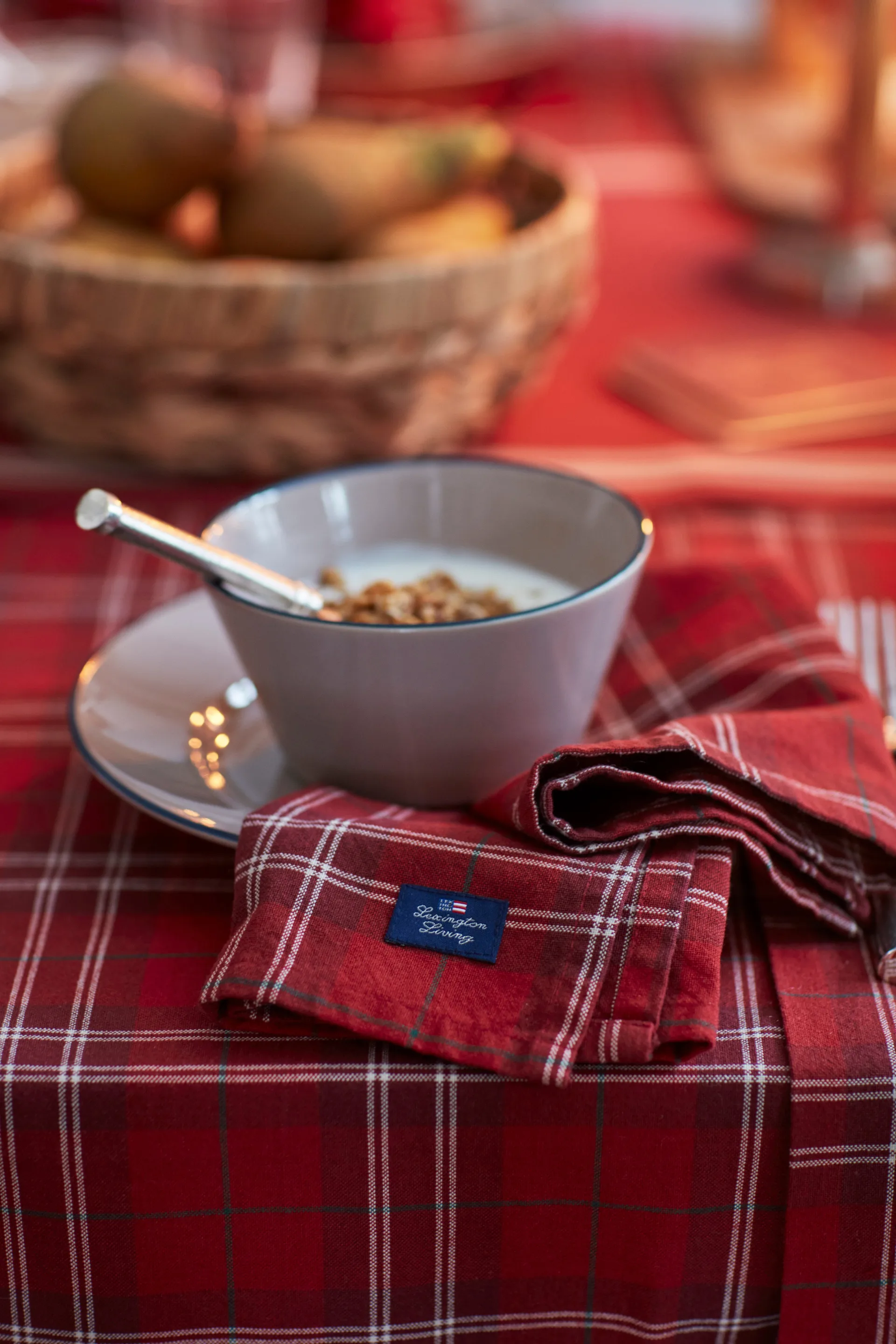 Tovaglia a scacchi in cotone organico Oxford, 180x180 cm, Rosso, beige, verde Lexington