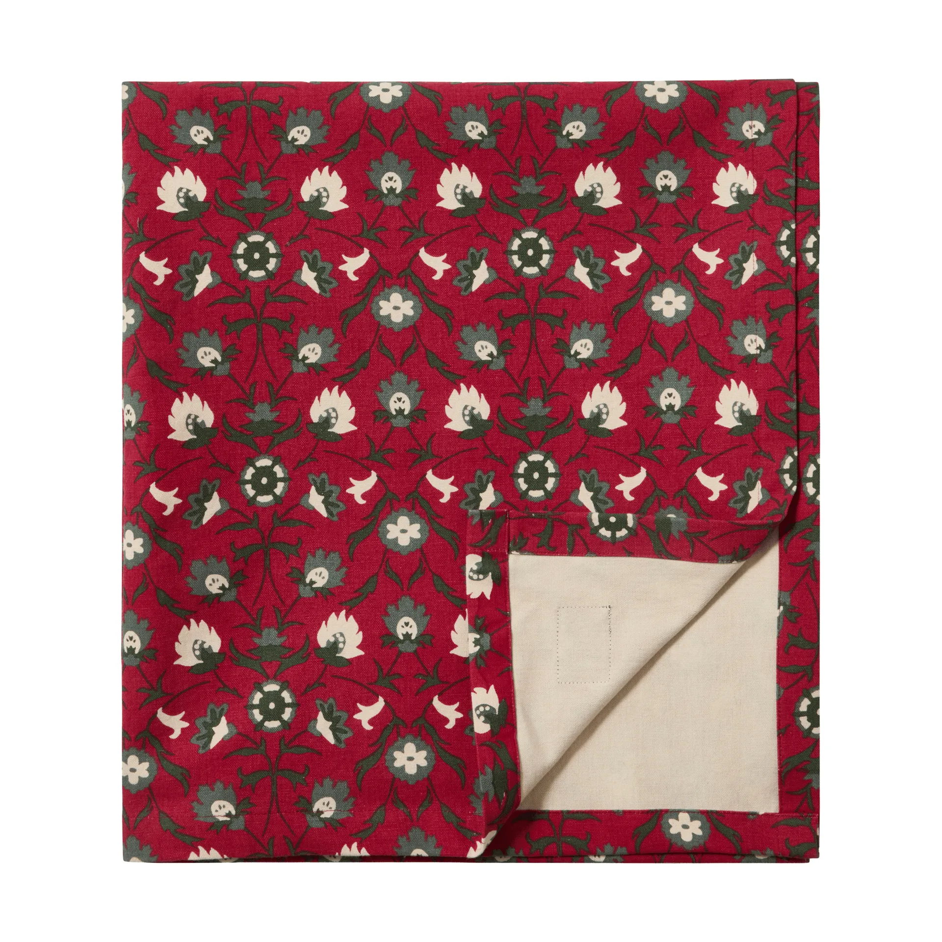 Tovaglia in cotone biologico con stampa Flower, Red-beige-green, 150x250 cm Lexington