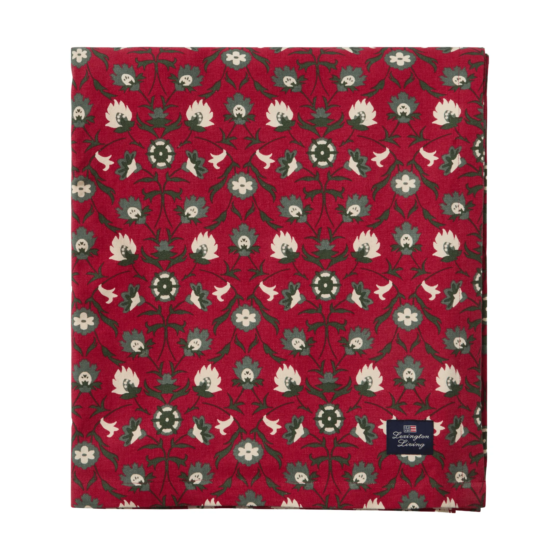 Tovaglia in cotone biologico con stampa Flower, Rosso-beige-verde, 150x350 cm Lexington