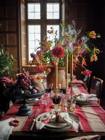 Tovaglia in lino-cotone a quadri 150x350 cm - Rosso-beige - Lexington