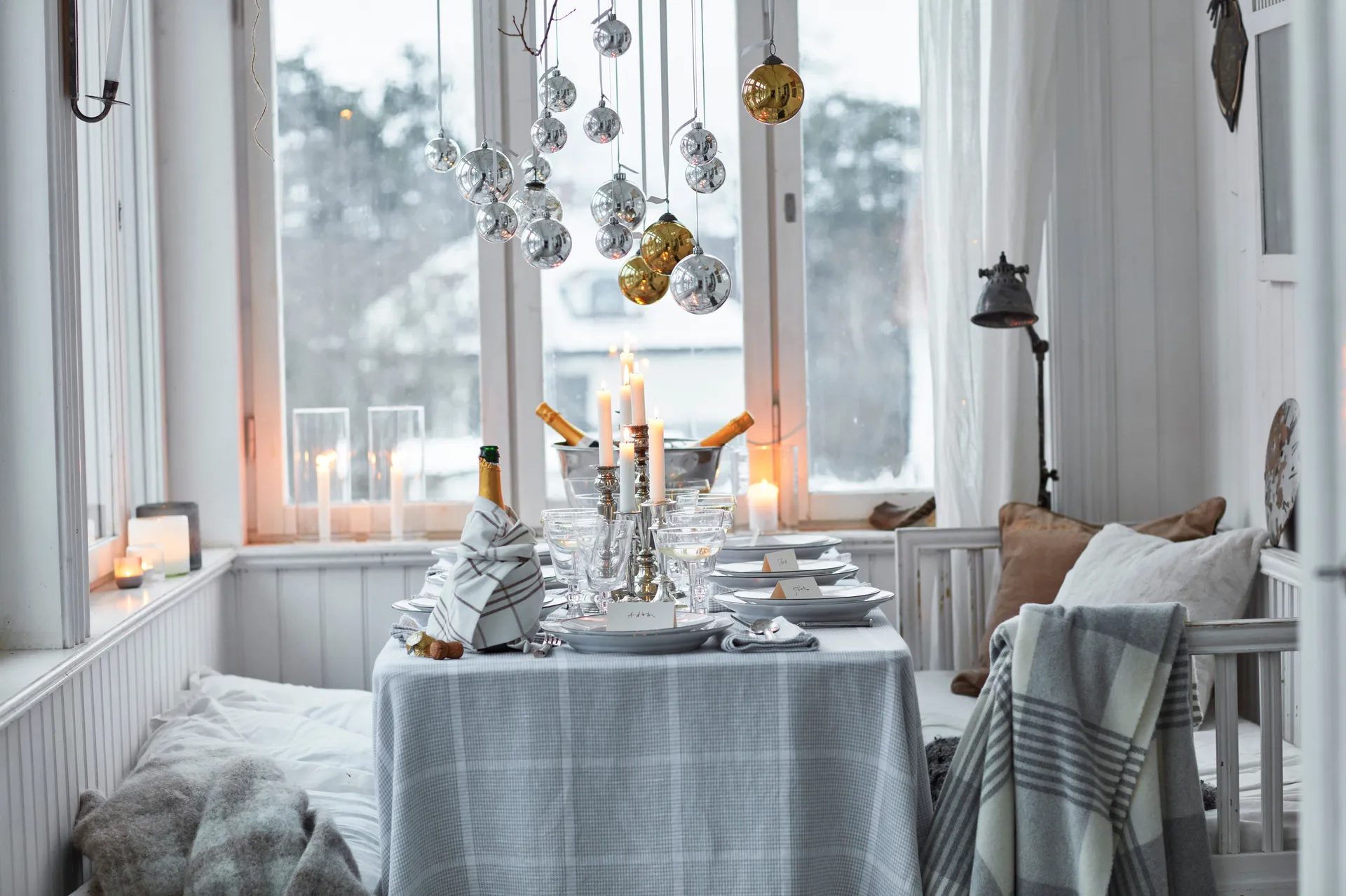 Tovaglia Pepita Check in lino cotone, 150x350 cm, Bianco, grigio chiaro Lexington