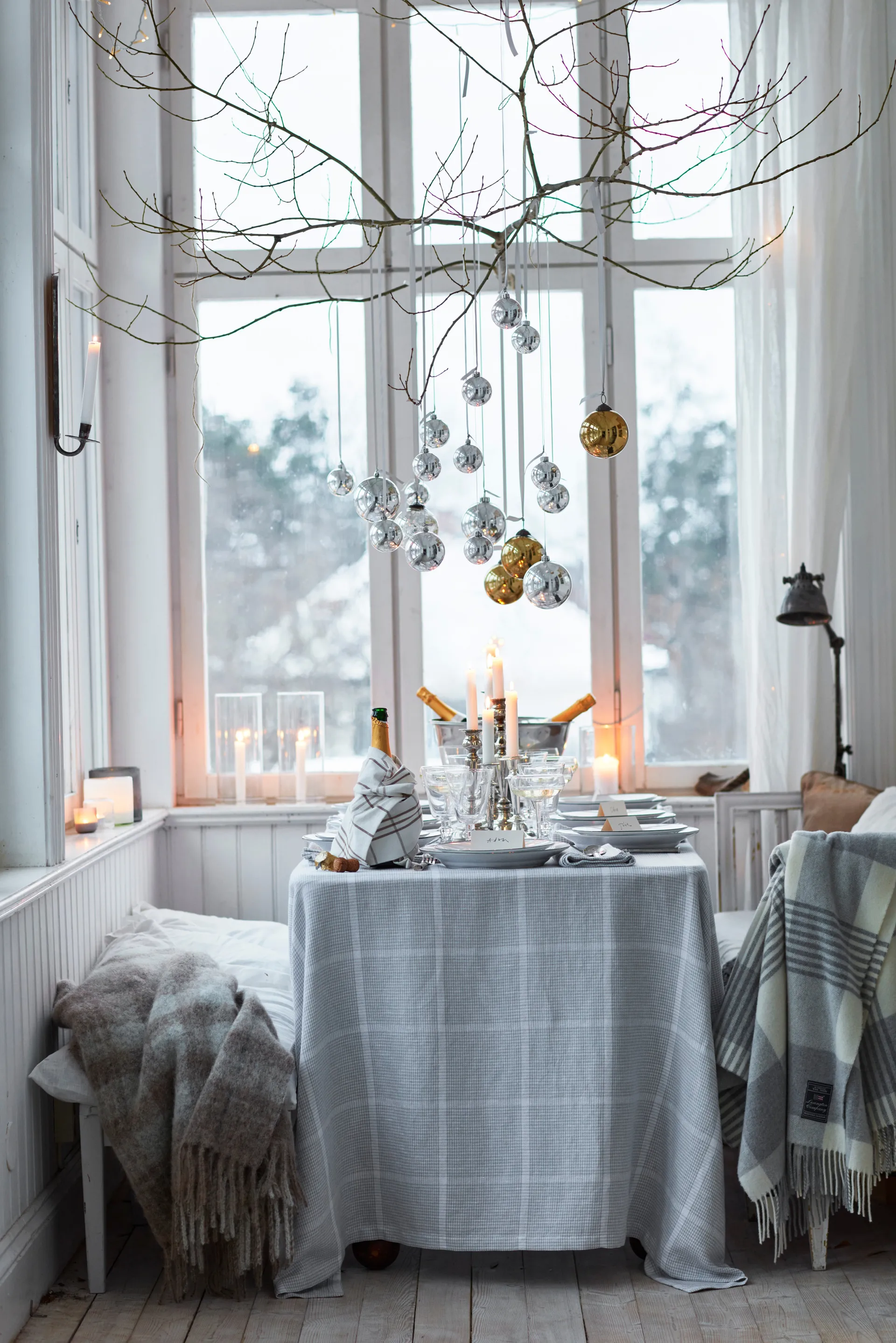 Tovaglia Pepita Check in lino cotone, 180x180 cm, Bianco, grigio chiaro Lexington