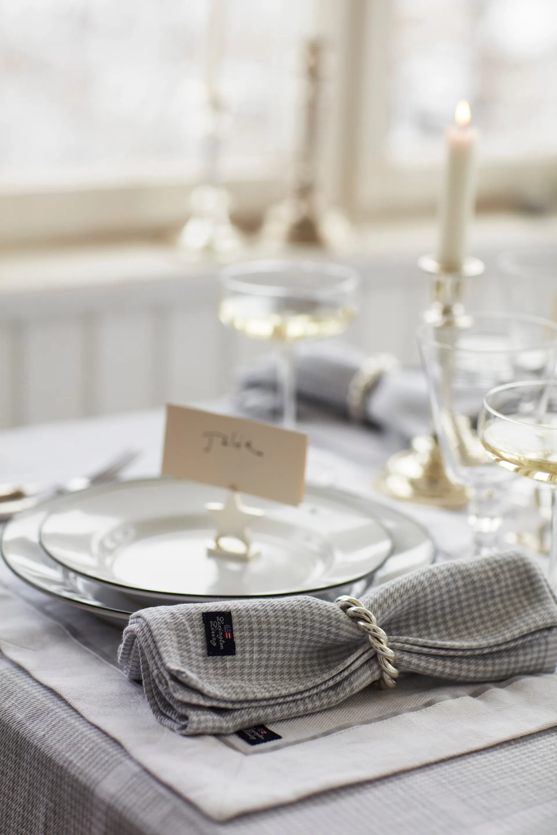 Tovagliolo in tessuto di lino cotone Pepita Check, 50x50 cm, Bianco, grigio chiaro Lexington