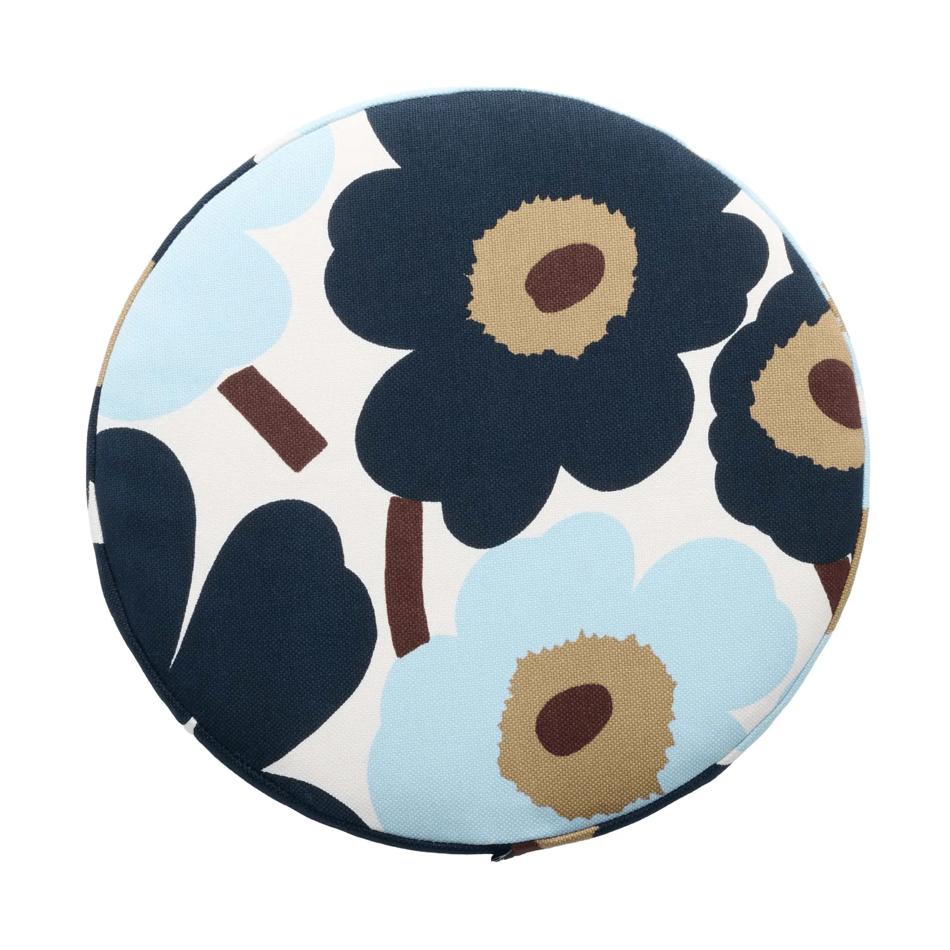 Pieni unikko cuscino rotondo, White-blueberry-cold blue-dark brown Marimekko