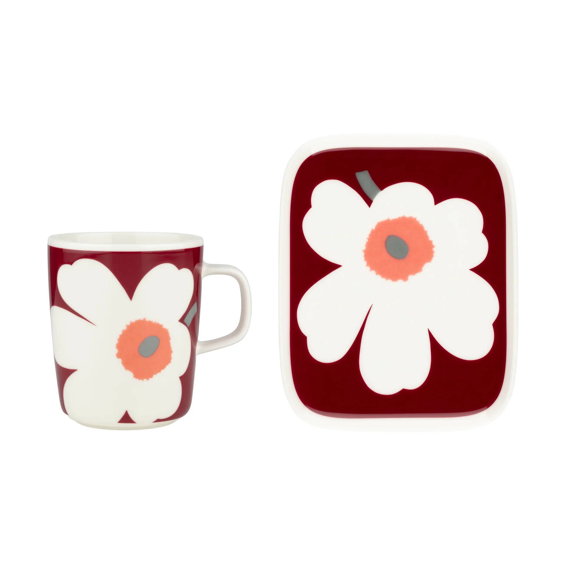 Tazza Unikko per il 60° anniversario 25 cl + piatto 12x15 cm, White-dark cherry-ash grey Marimekko