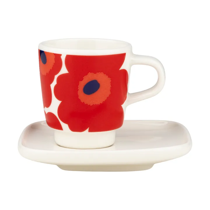 Tazzina espresso Unikko con piattino 2 pezzi - White-red-blue - Marimekko