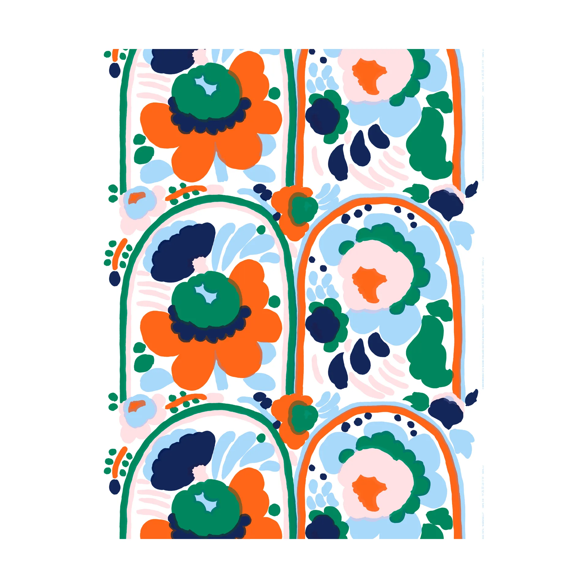 Tessuto in cotone Karuselli , Bianco-Arancio-blu-smeraldo Marimekko