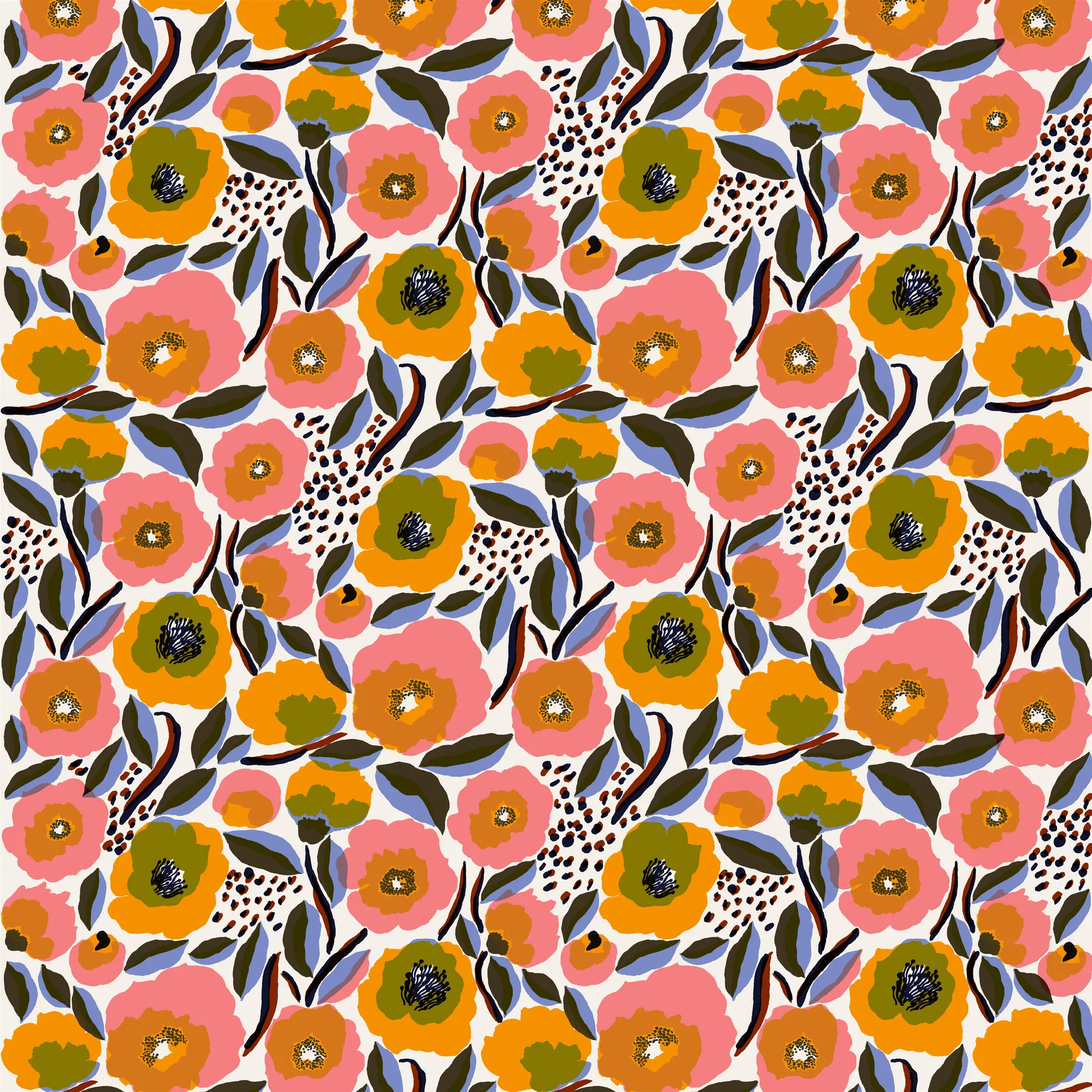 Tessuto Rosarium , Bianco-Rosso-Giallo-Blu Marimekko