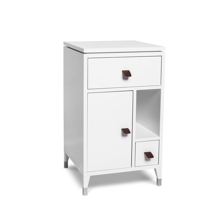 Comodino con gambe corte Abisko  - bianco, manico in pelle di alce marrone - Mavis