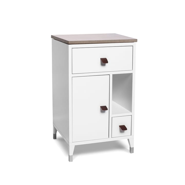 Comodino con gambe corte Abisko  - bianco, top in cemento, manico in pelle di alce marrone - Mavis