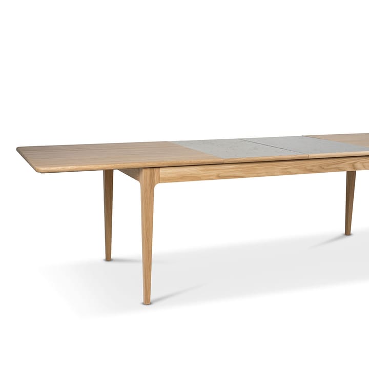 Tavolo Höllviken, rovere verniciato opaco bianco, 2 allunghe, pietra calcarea da 50 cm Mavis