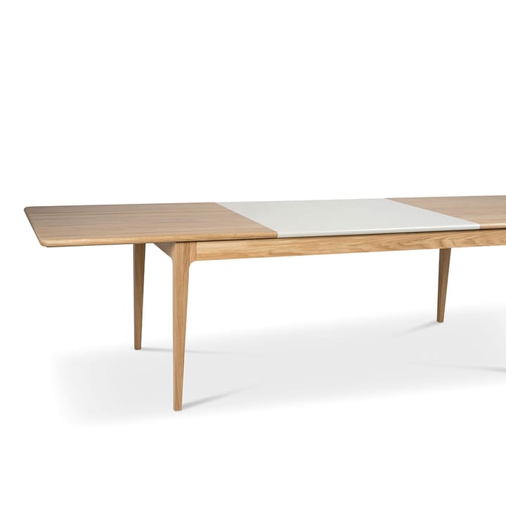 Tavolo Höllviken, rovere verniciato opaco bianco, 2 allunghe, pietra calcarea da 50 cm Mavis