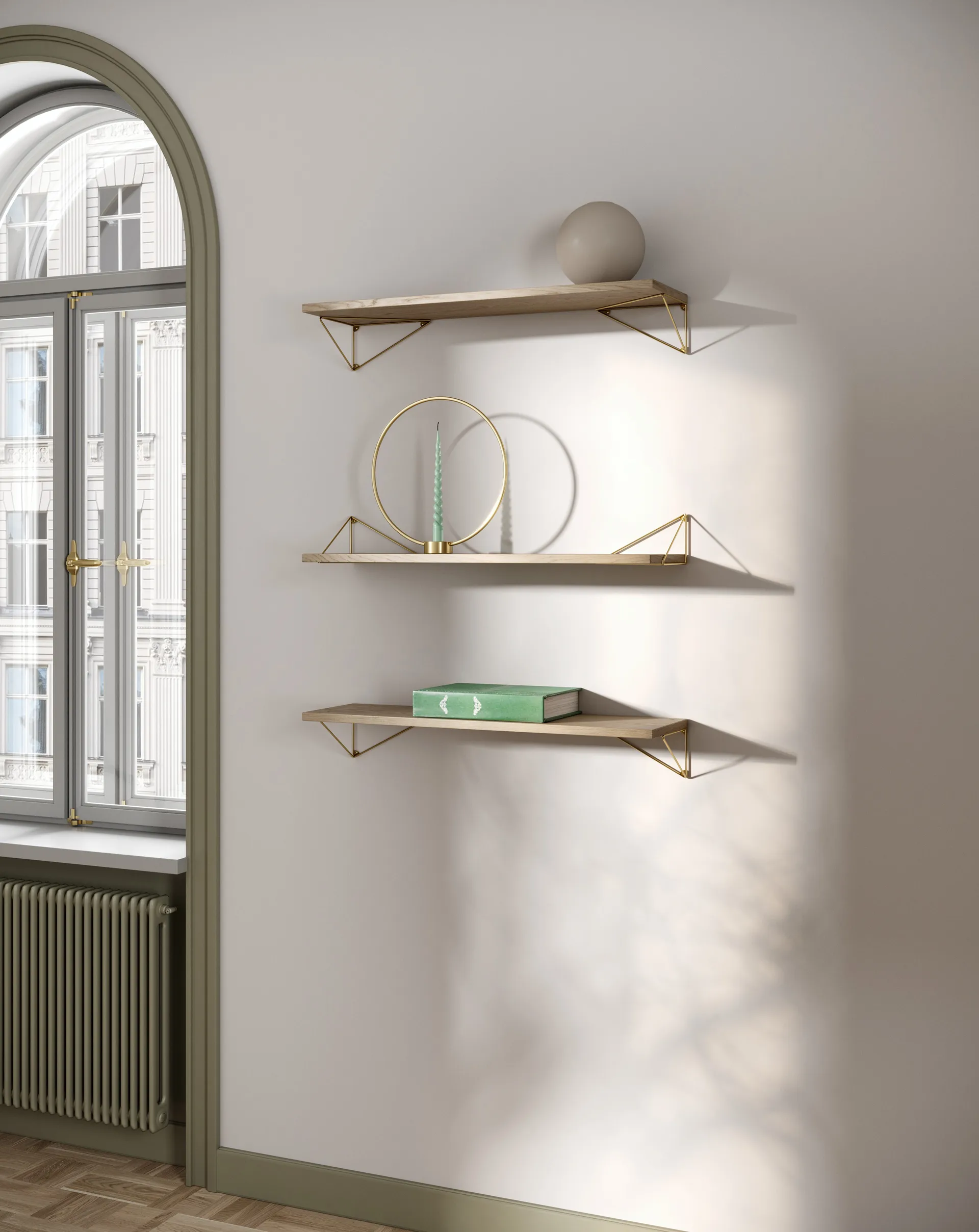 Sistema di scaffalature Pythagoras Bundle A rovere-ottone Maze