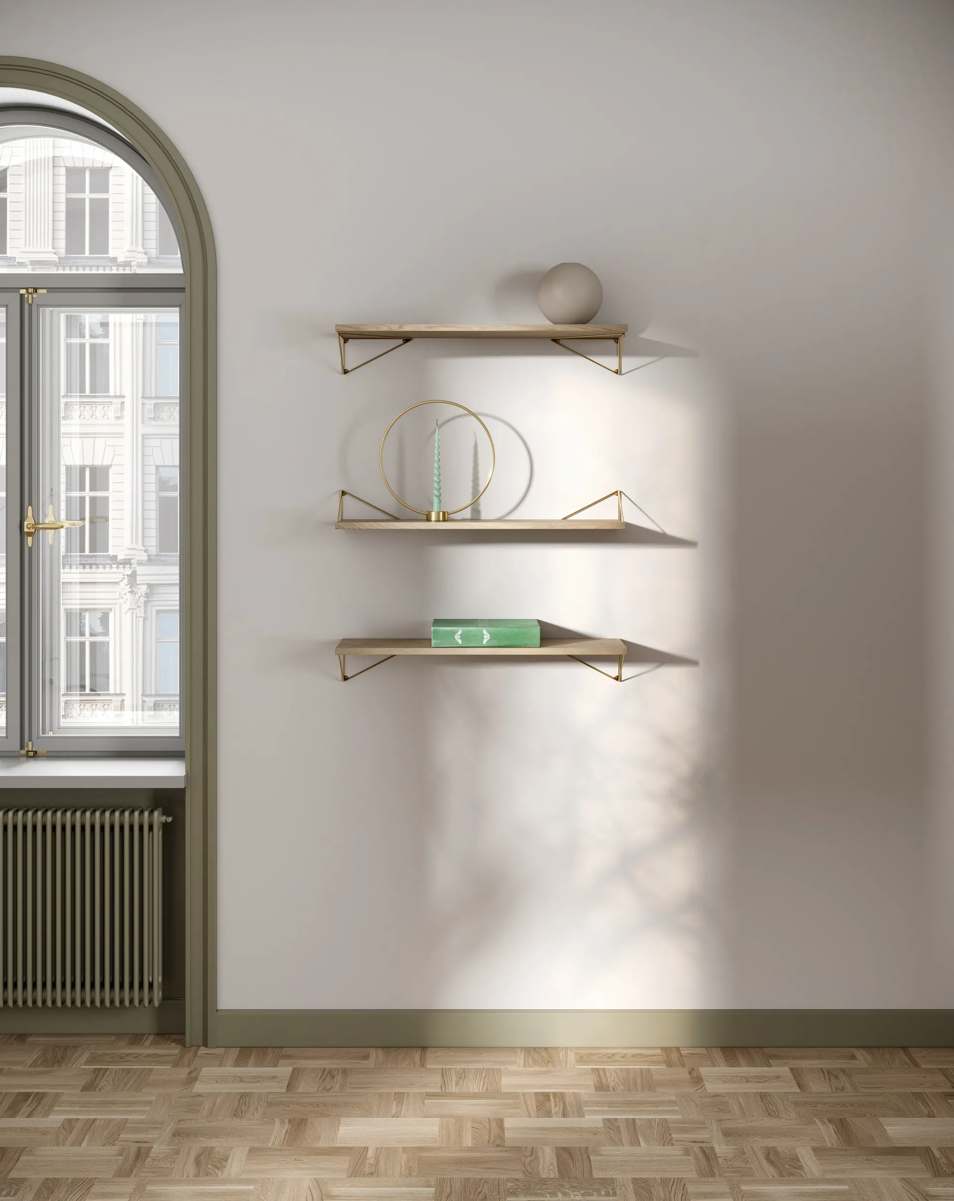 Sistema di scaffalature Pythagoras Bundle A rovere-ottone Maze