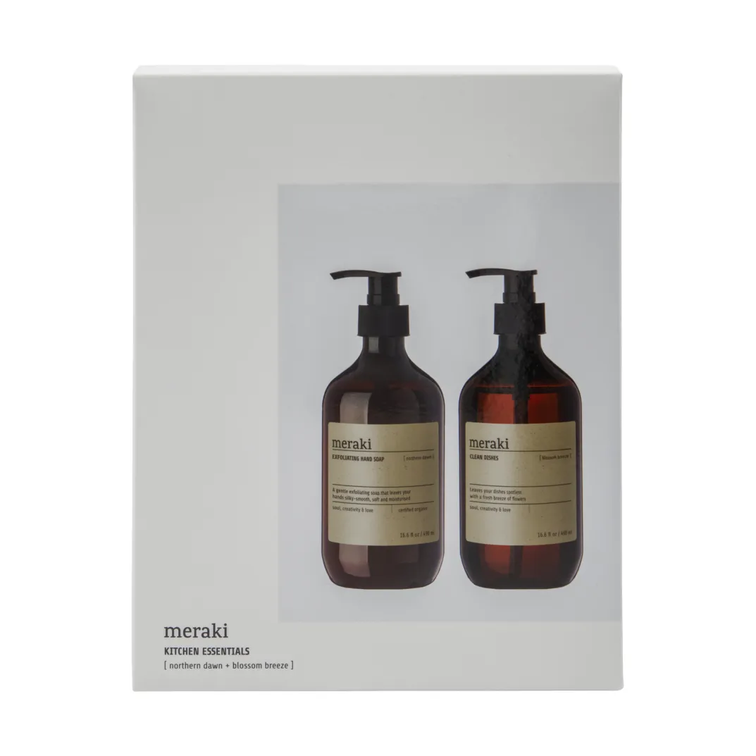 Set regalo Meraki sapone per mani e detersivo per piatti, Esfoliante Northern star, Blossom breeze Meraki