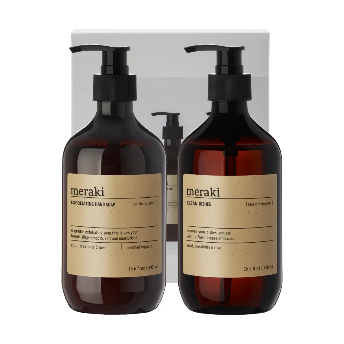Set regalo Meraki sapone per mani e detersivo per piatti, Esfoliante Northern star, Blossom breeze Meraki