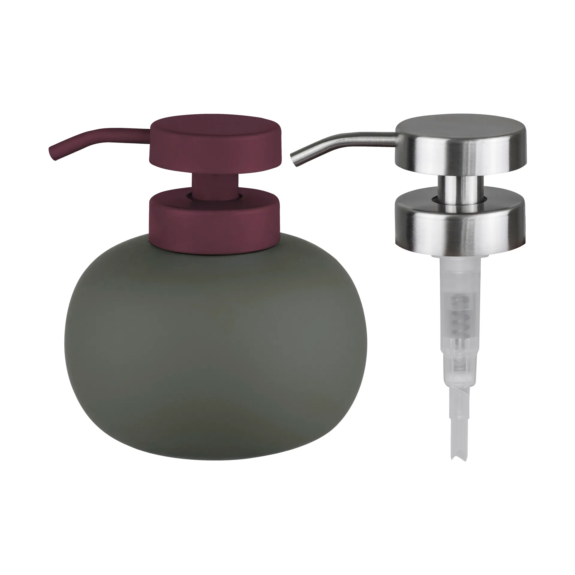 Dispenser sapone basso Lotus play, con 2 testine incluse, Verde oliva scuro Mette Ditmer