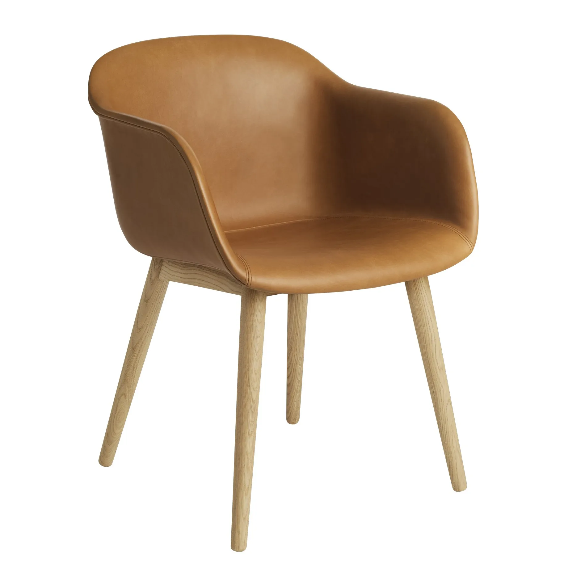 Poltrona Fiber con gambe in legno, Pelle lavorata con metodo Refine, cognac-rovere Muuto