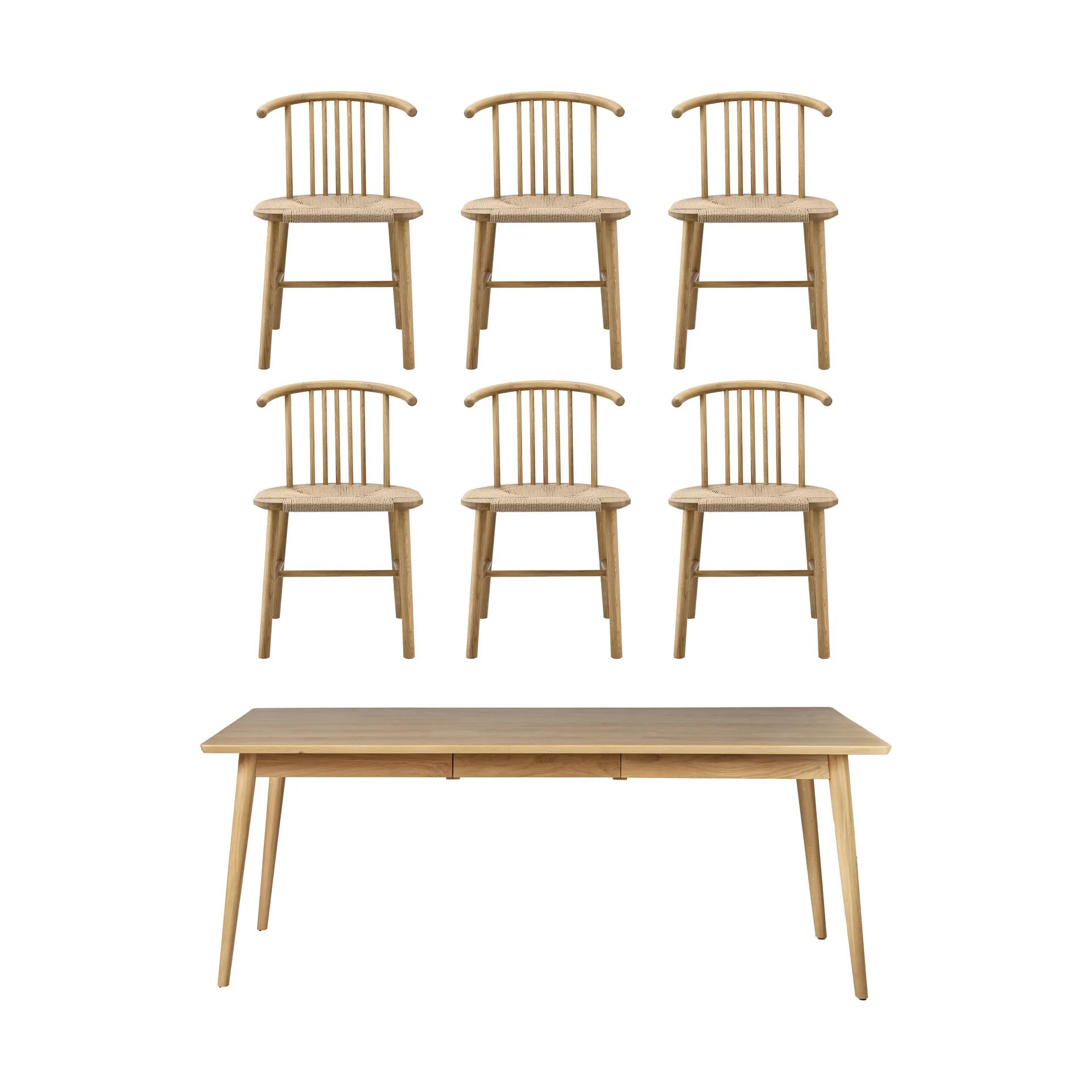 Tavolo da pranzo VIOR 200 cm + sedia confezione da 6 – Rovere laccato‑naturale NJRD