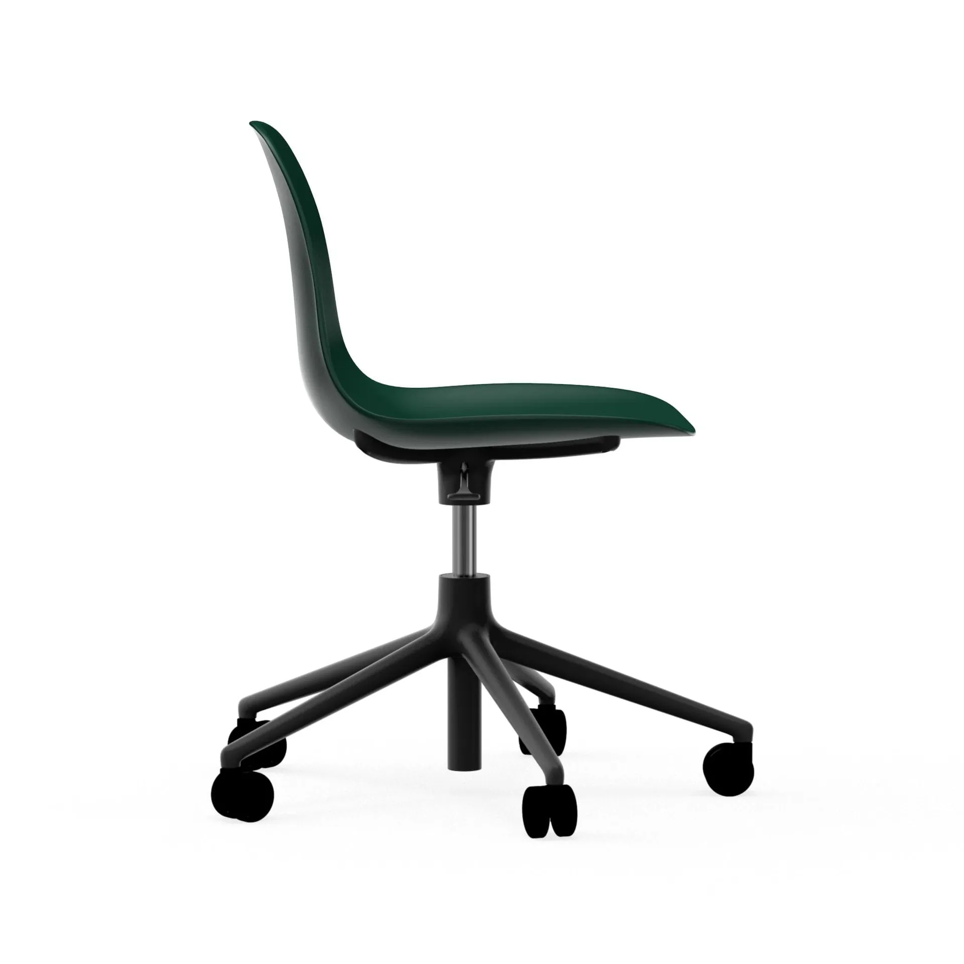 Sedia da ufficio girevole Form 5W, verde, alluminio nero, ruote Normann Copenhagen