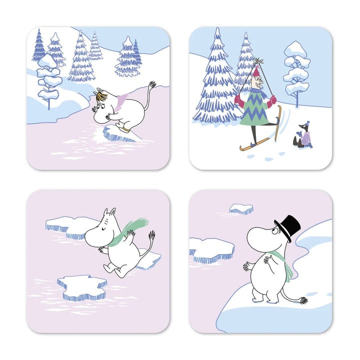 Sottobicchiere Moomin, inverno 2022, 9x9 cm, confezione da 4 - Blu, bianco, rosa - Opto Design
