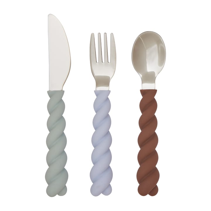 Set di 3 posate per bambini Mellow - Pale mint, choko, ice blue - OYOY